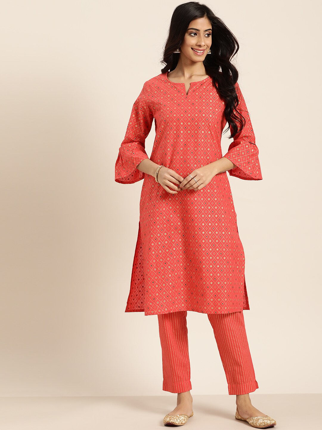 Sangria Women Coral Pink & Golden Printed Kurta with Trousers
