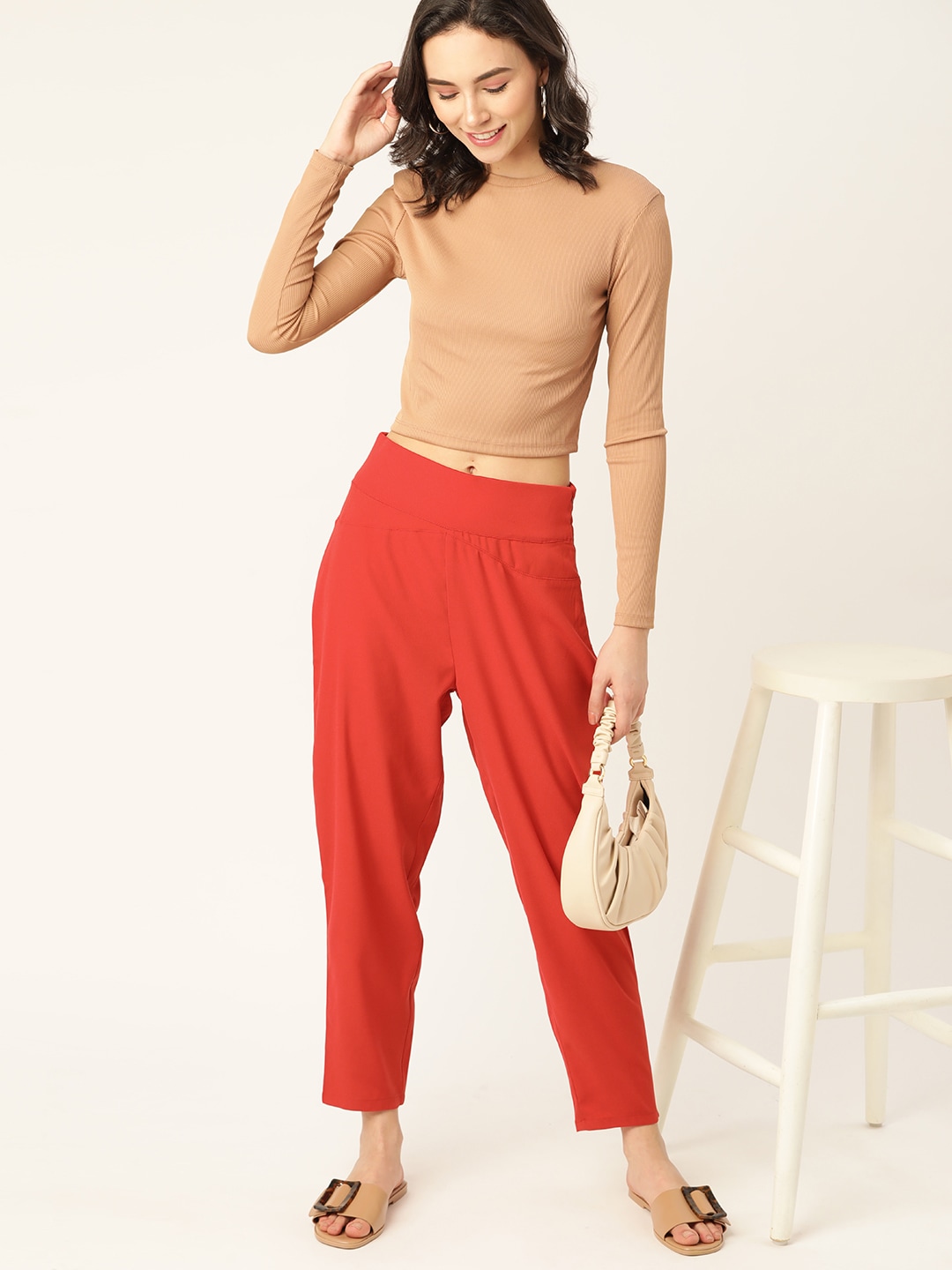 DressBerry Women Red Regular Fit Solid Trousers