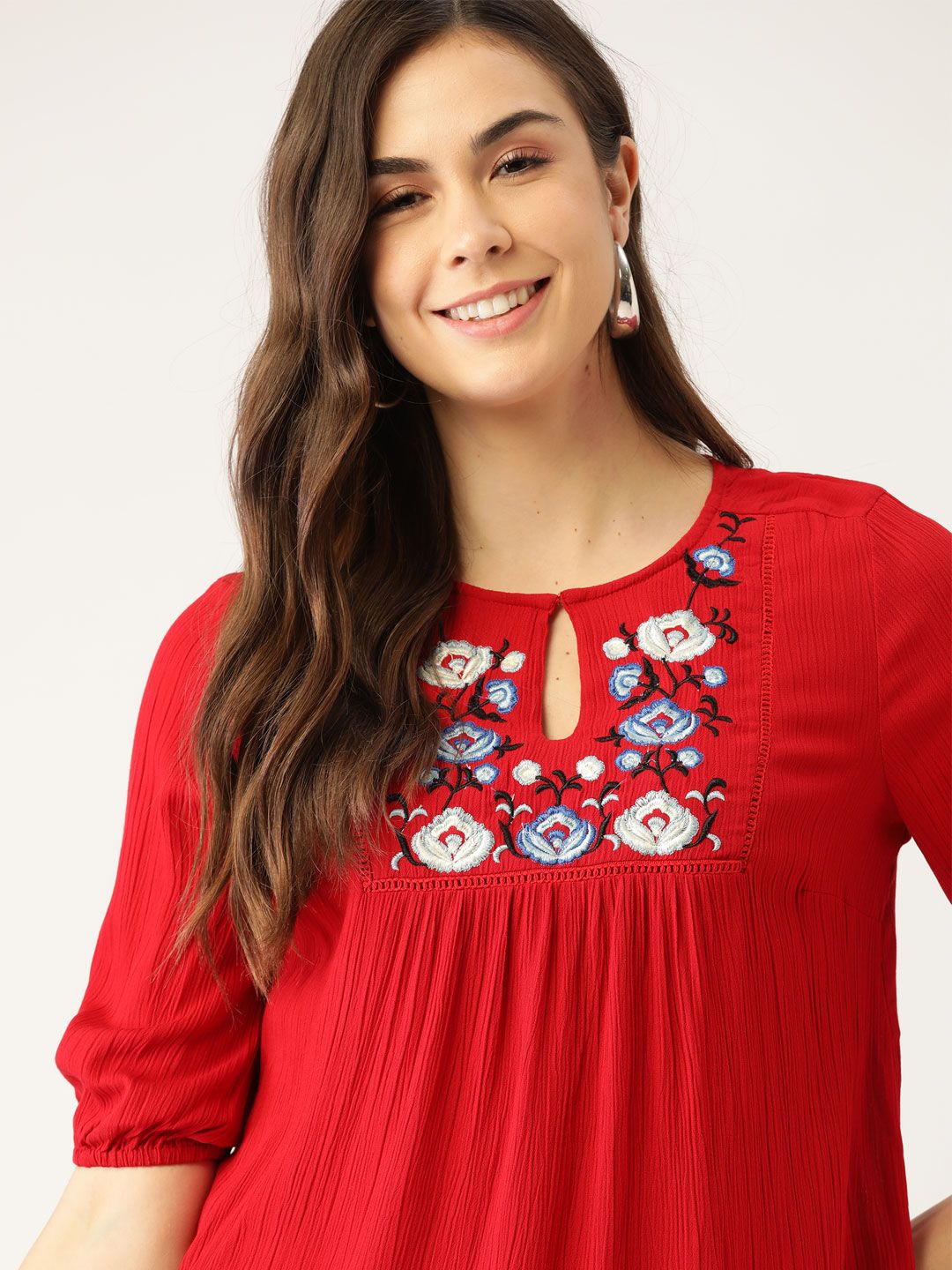 DressBerry Red & Blue Floral Embroidered Keyhole Neck Puff Sleeve Empire Top-picture-15