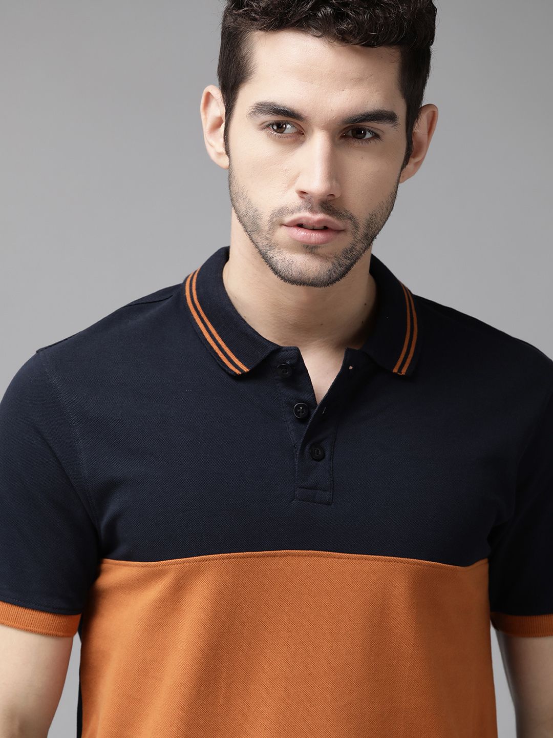 The Roadster Lifestyle Co Men Navy Blue Colourblocked Pure Cotton Polo Collar Pure Cotton T-shirt