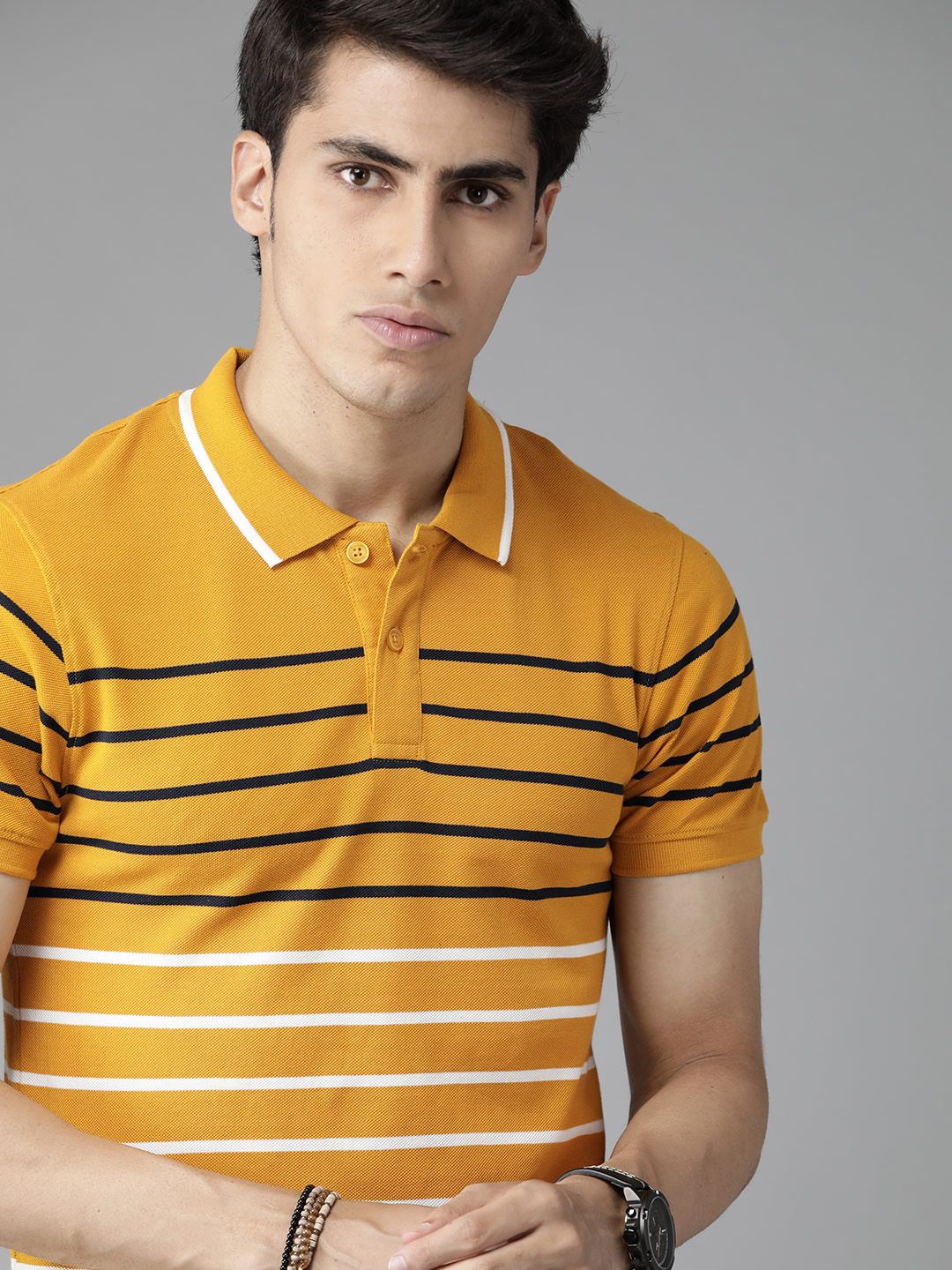 The Roadster Lifestyle Co Men Mustard Yellow & White Striped Cotton Polo Collar T-shirt