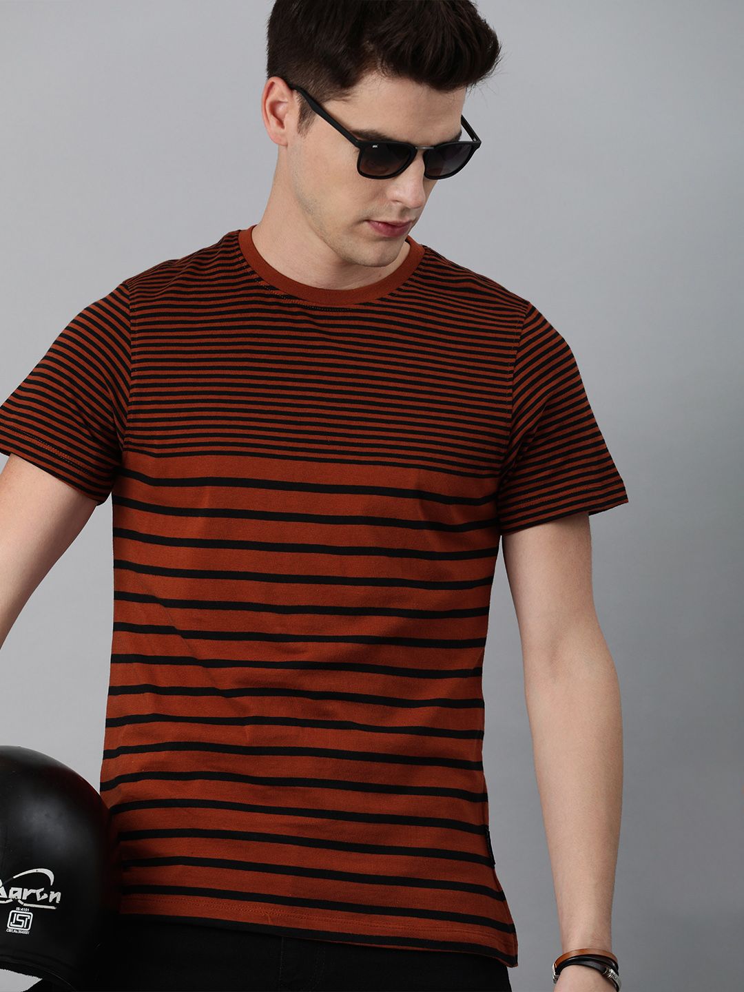 The Roadster Lifestyle Co Men Red Black Striped Pure Cotton T-shirt
