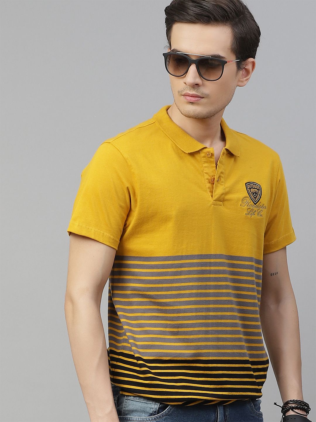 The Roadster Lifestyle Co Men Mustard Yellow  Grey Striped Pure Cotton Polo Collar Pure Cotton T-shirt