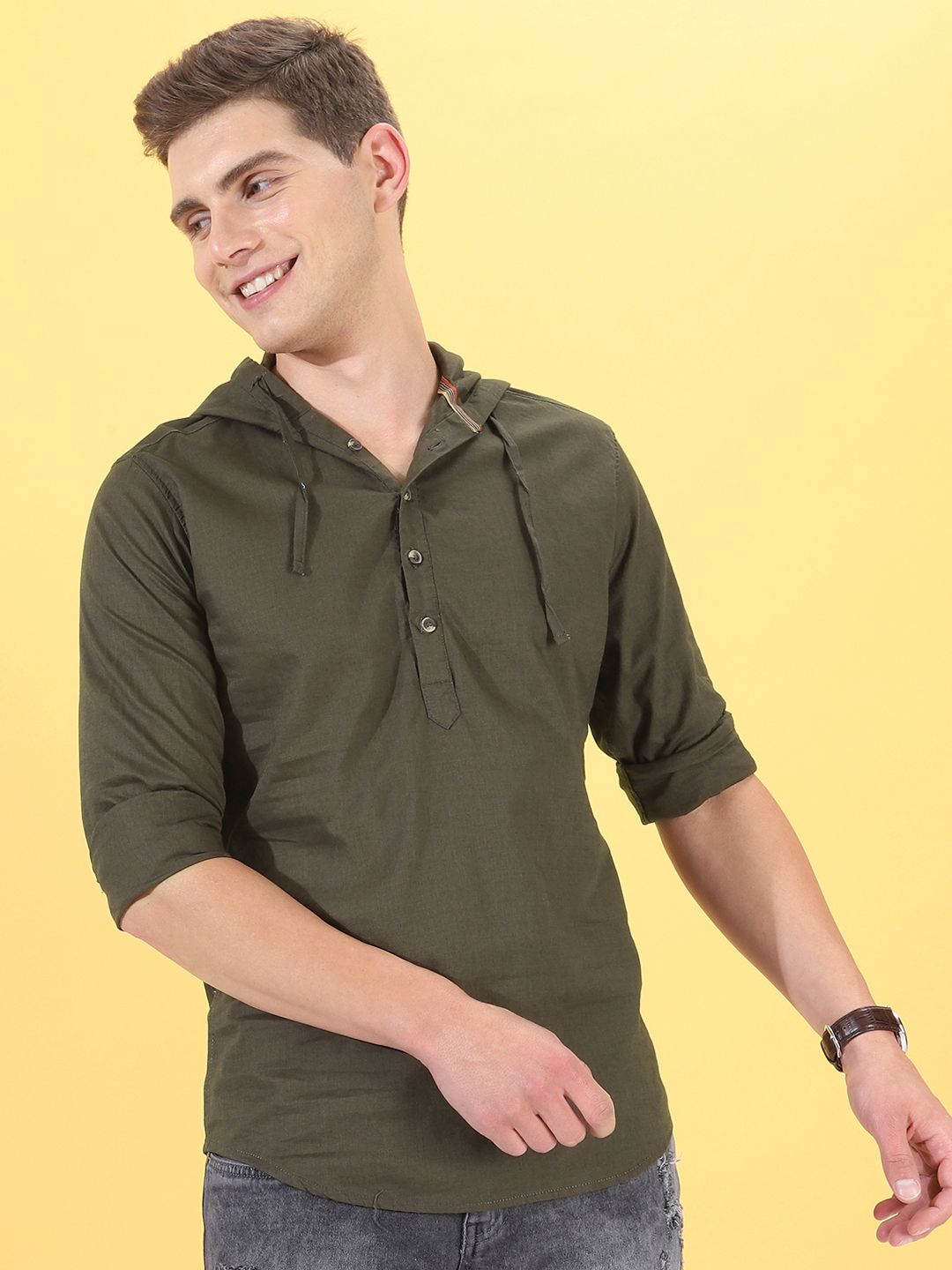The Indian Garage Co Men Olive Green Slim Fit Solid Casual Hooded Shirt-picture-34