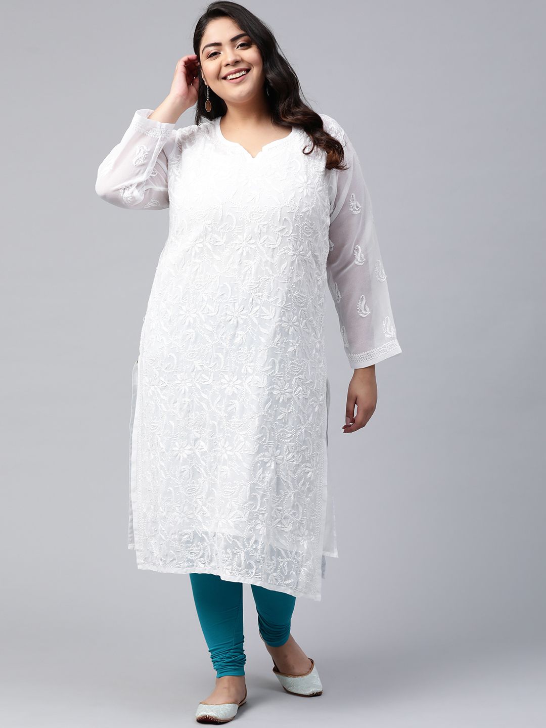 ADA Women Plus Size White Ethnic Motifs Chikankari Embroidered Georgette Handloom Kurta With Slip-picture-27
