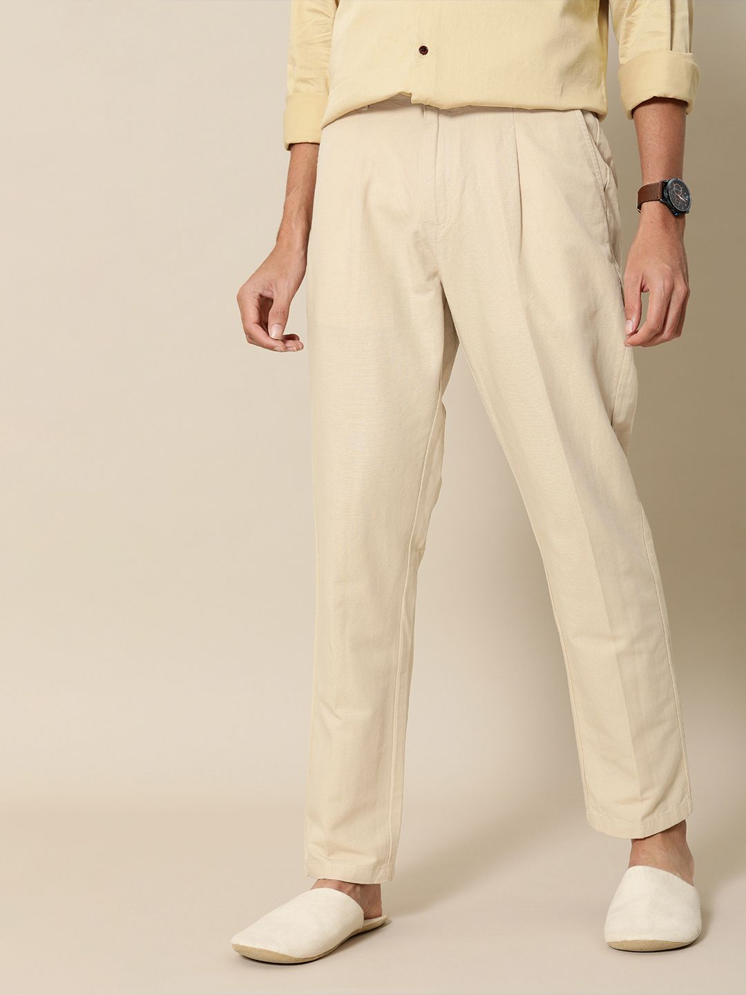 Mr Bowerbird Men Beige Liberal Fit Pleated Trousers-picture-17