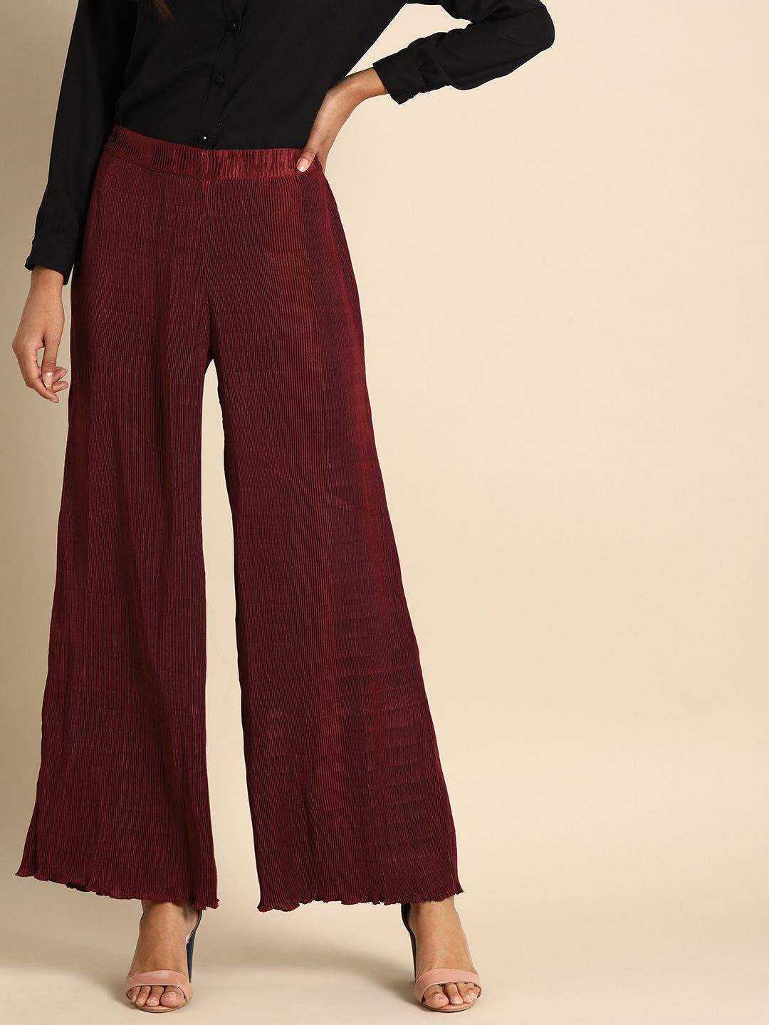 DODO & MOA Women Maroon Solid Flared Accordion Pleated Palazzos-image-31