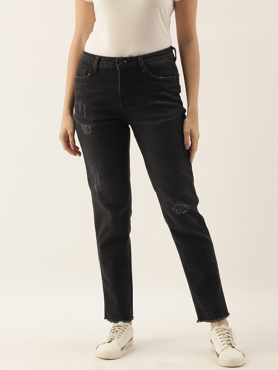 ether Women Black Slim Ankel Fit Mildly Distressed Stretchable Jeans
