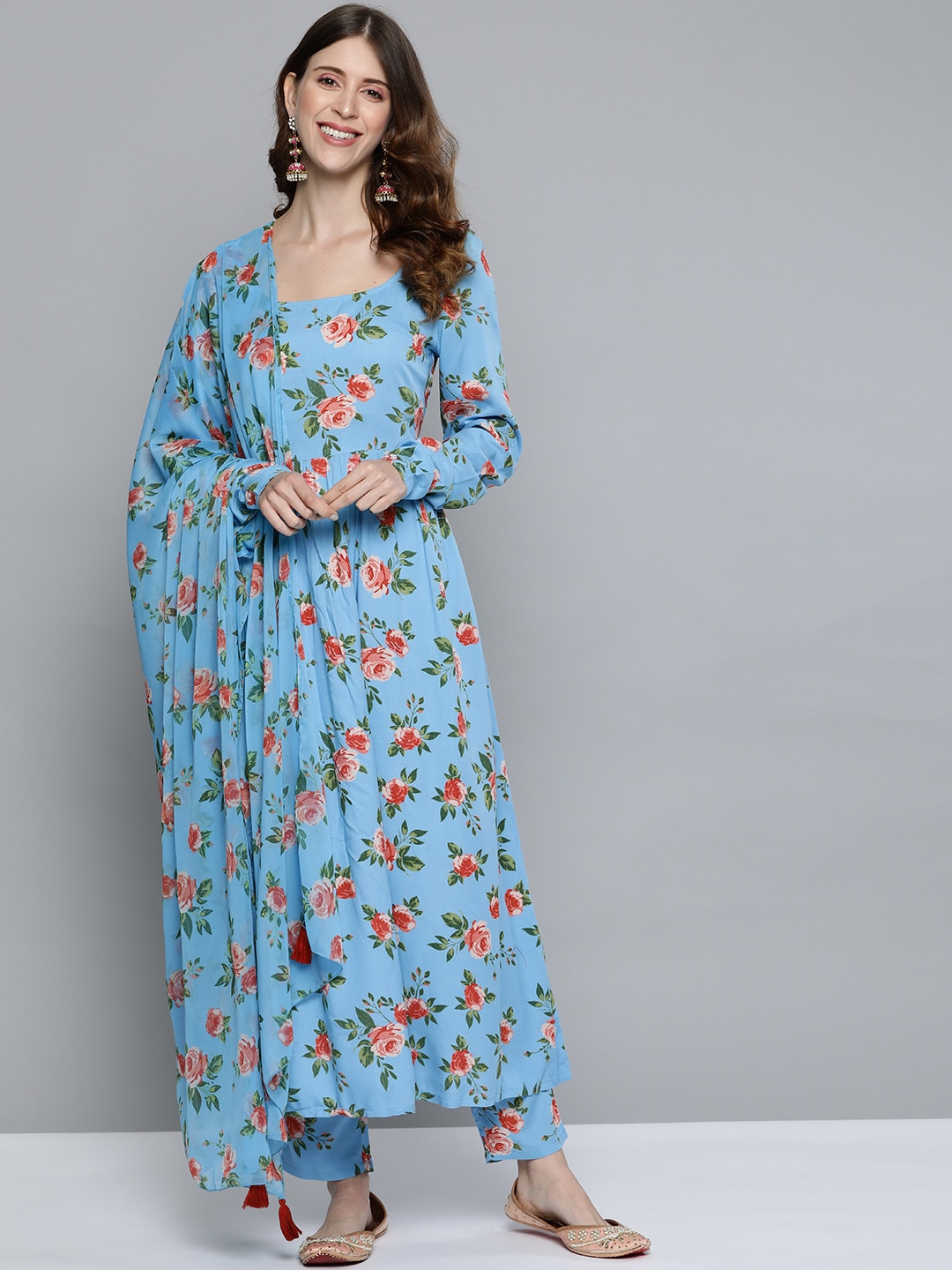HERE&NOW Women Blue & Pink Floral Printed Kurta with Trousers & With Dupatta