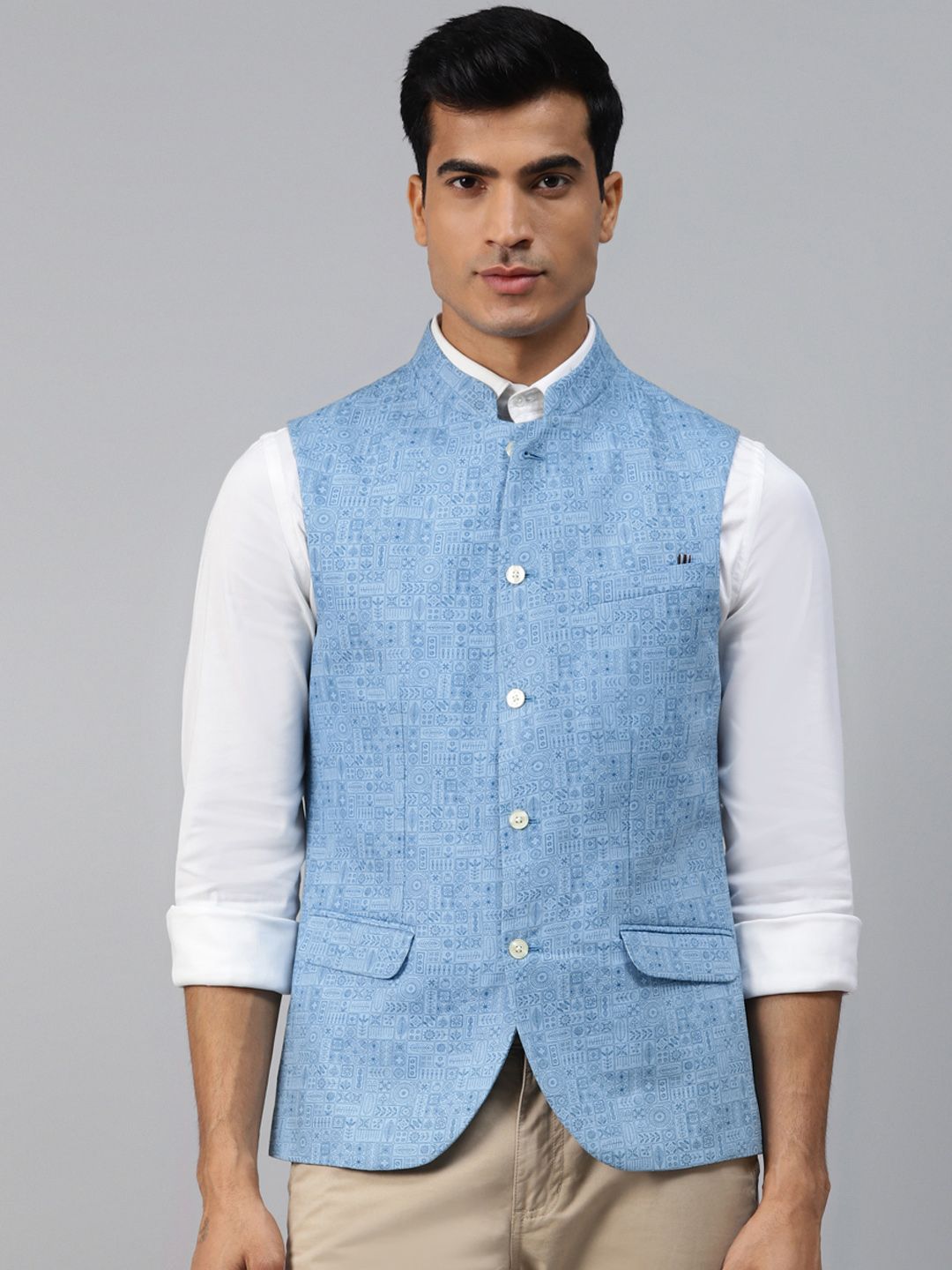 Blackberrys Men Blue Printed Slim Fit Nehru Jacket-image-40