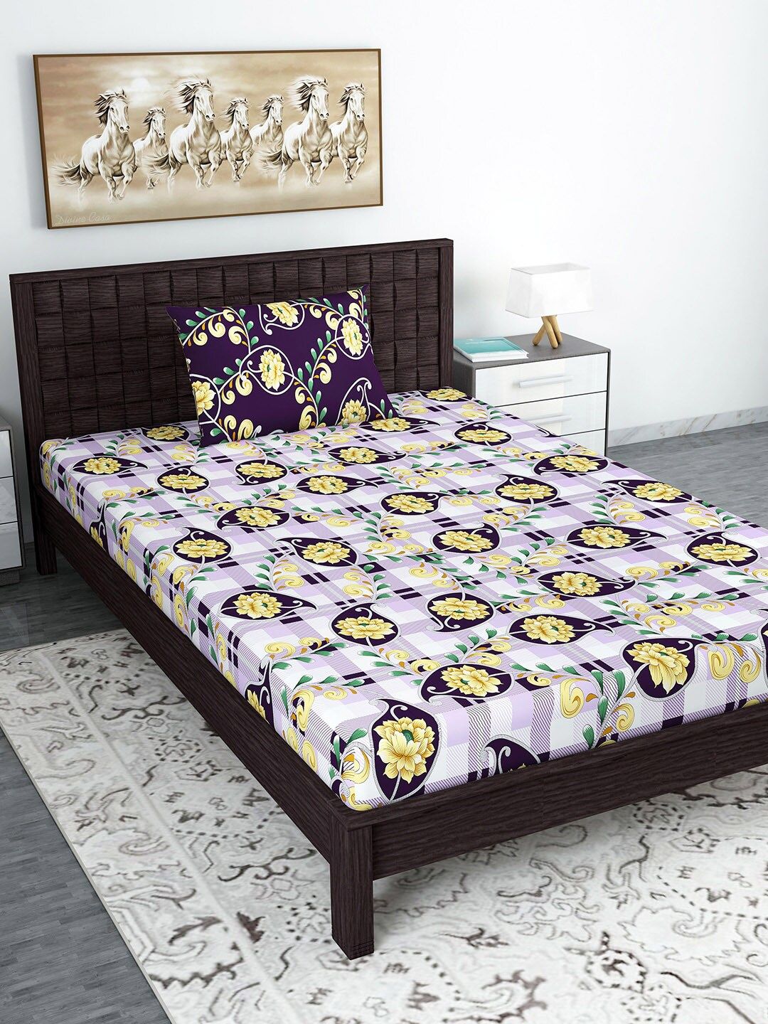 Divine Casa Yellow & Purple Ethnic Motifs 120 TC 1 Single Bedsheet with 1 Pillow Covers-picture-19