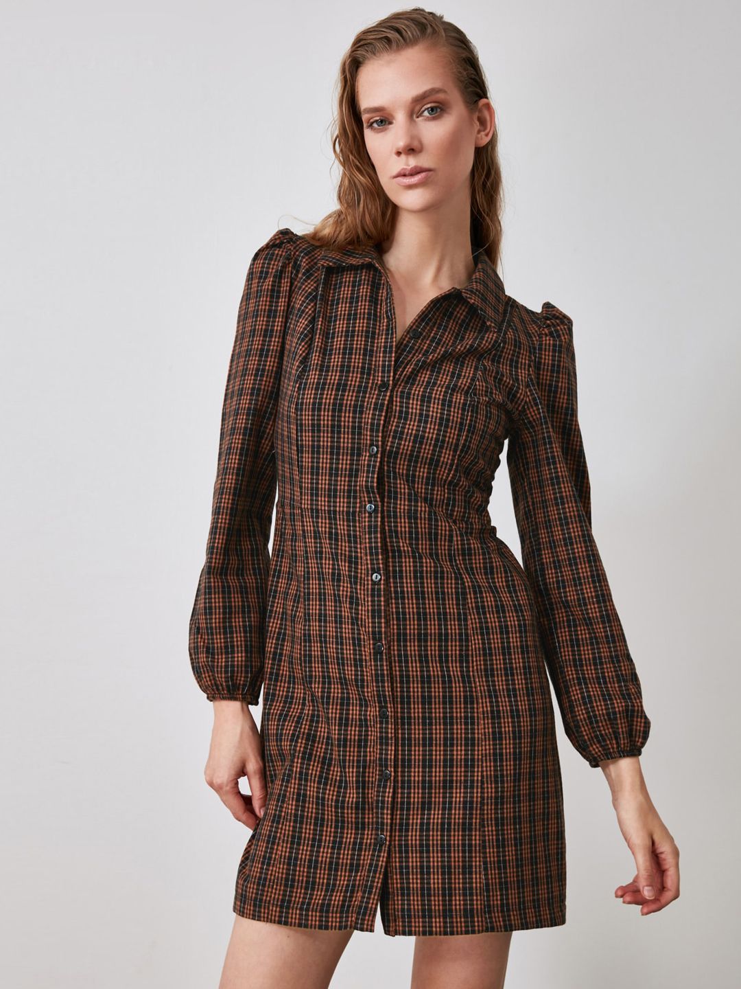TRENDYOL COLLECTION Women Coral Orange & Black Cotton Checked Puff Sleeves Shirt Dress