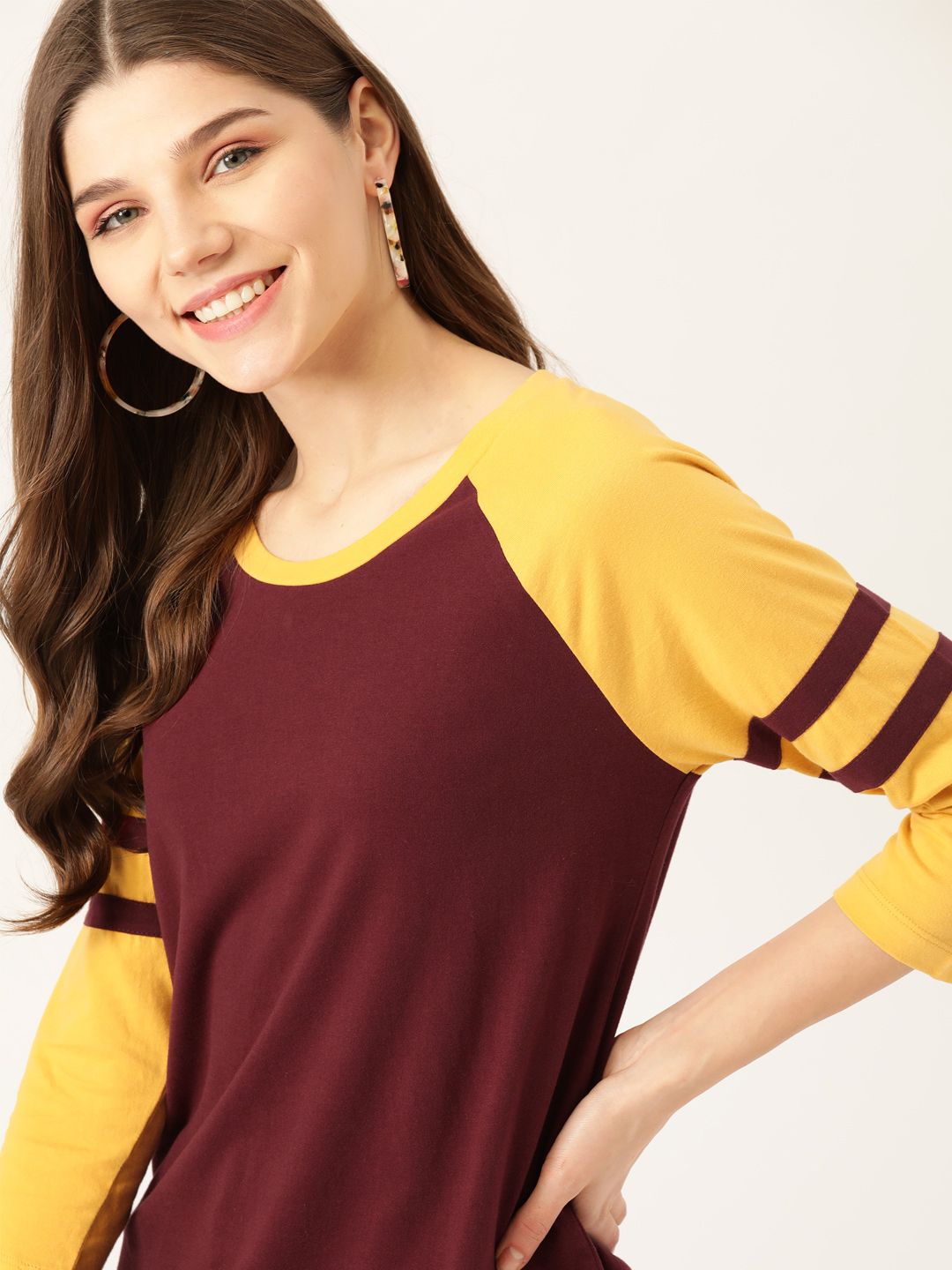 DressBerry Women Burgundy & Mustard Yellow Pure Cotton Solid Round Neck T-shirt