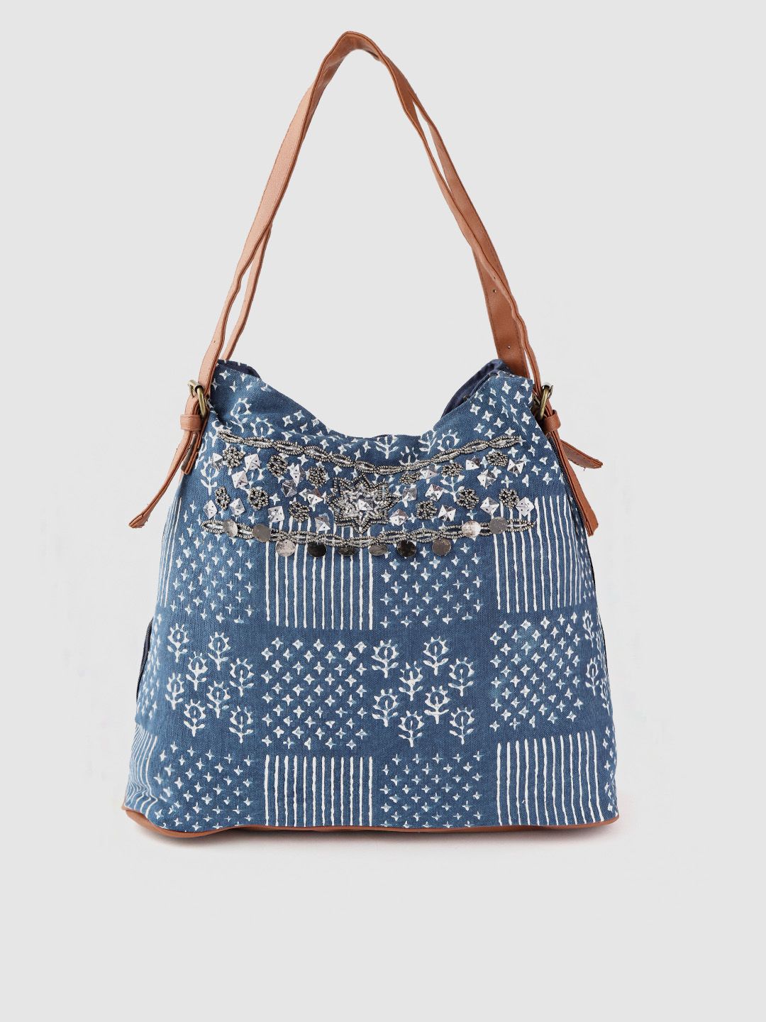 Anouk Blue & White Sequinned Ethnic Print Shoulder Bag-picture-18