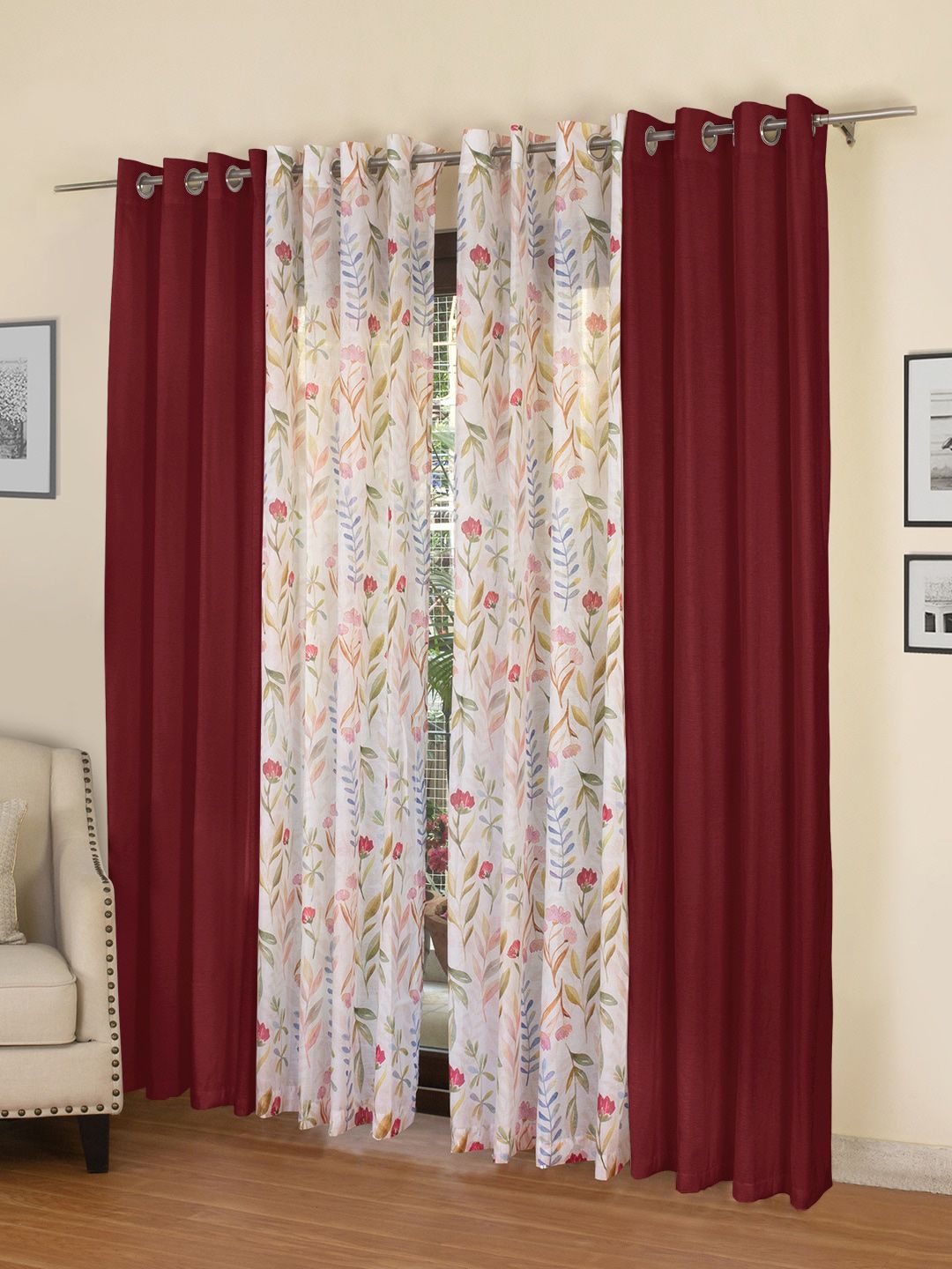 ROSARA HOME Unisex Burgundy Floral Pack of 4 Eyelet Regular and Sheer Long Door Curtains-picture-46