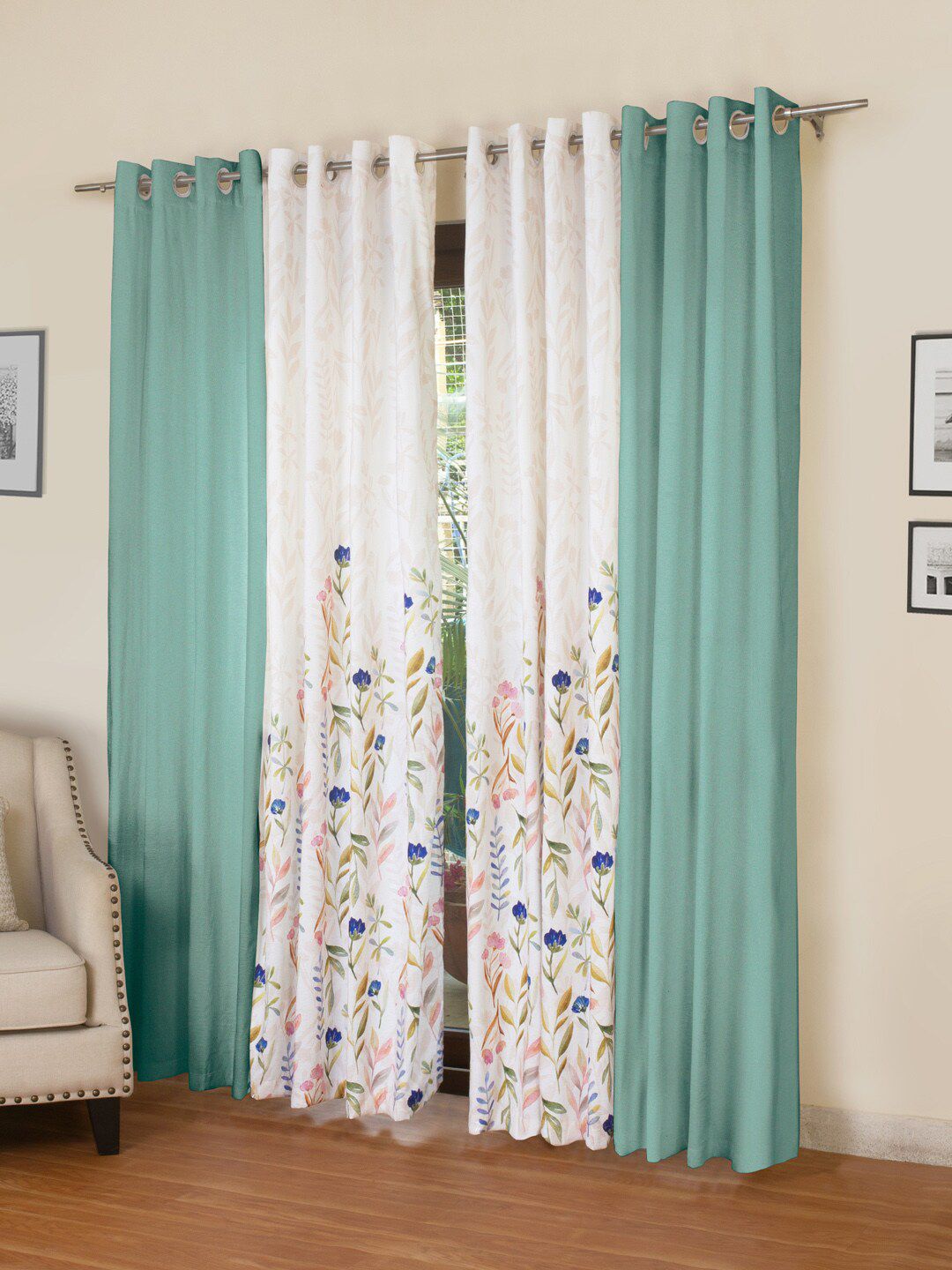 ROSARA HOME Sea Green Floral 4 Eyelet Regular Long Door Curtains-picture-20