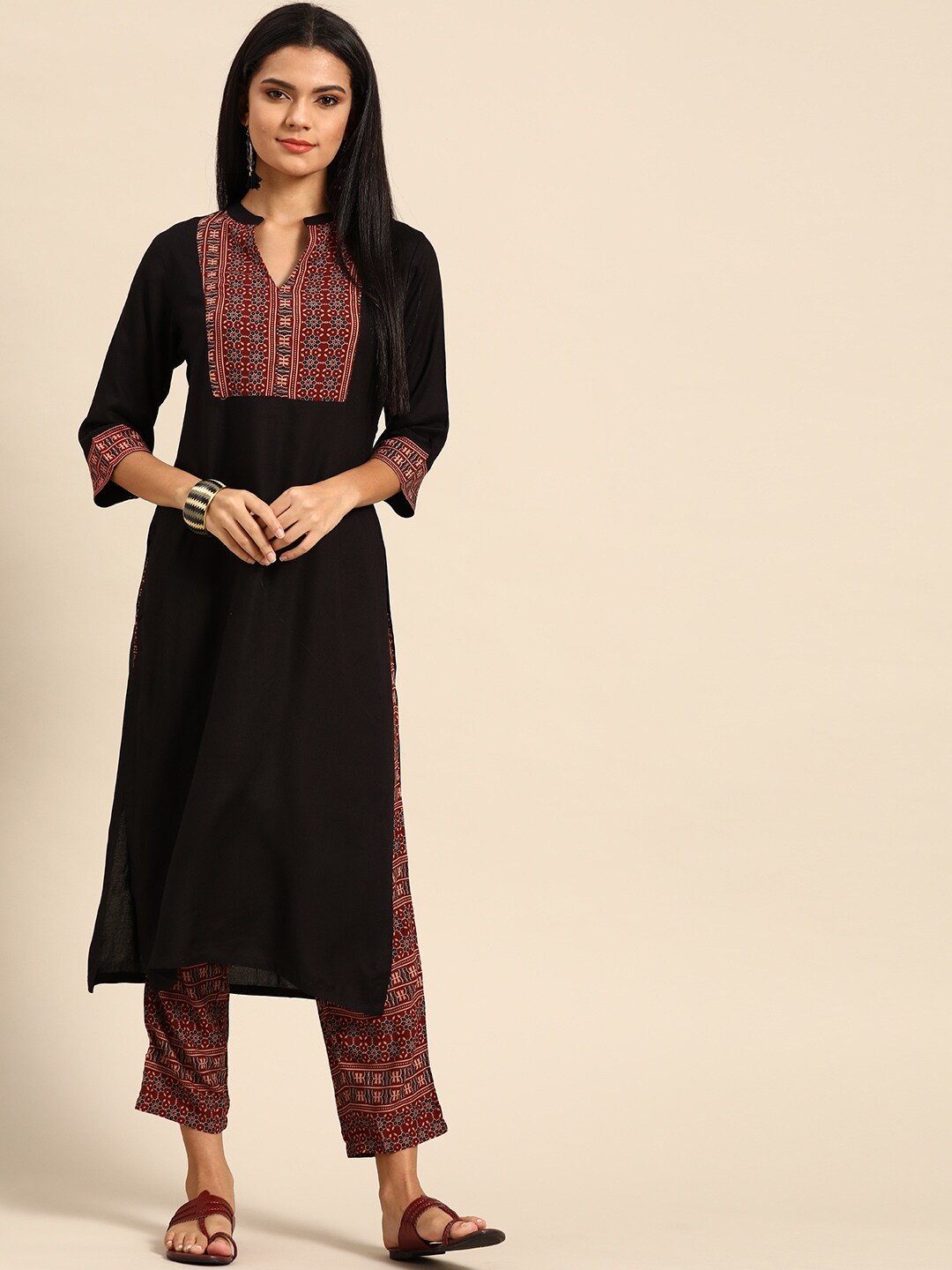Anouk Women Black & Maroon Yoke Design Kurta with Trousers