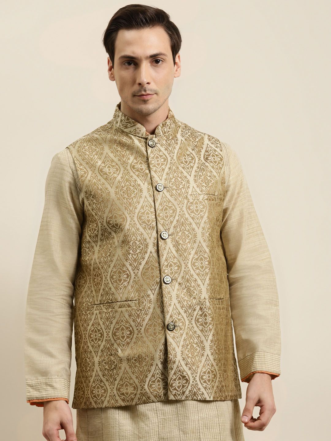 SOJANYA Men Beige & Golden Ethnic Motifs Woven Design Jacquard Silk Nehru Jacket-picture-51