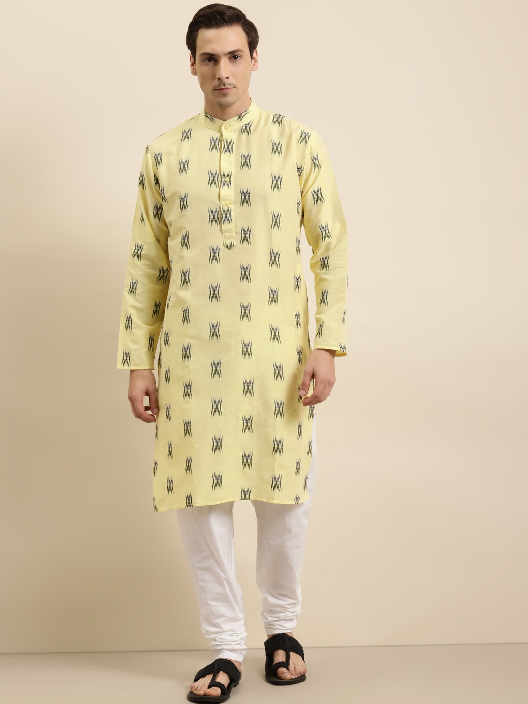SOJANYA Men Yellow & White Woven Design Cotton Kurta with Churidar