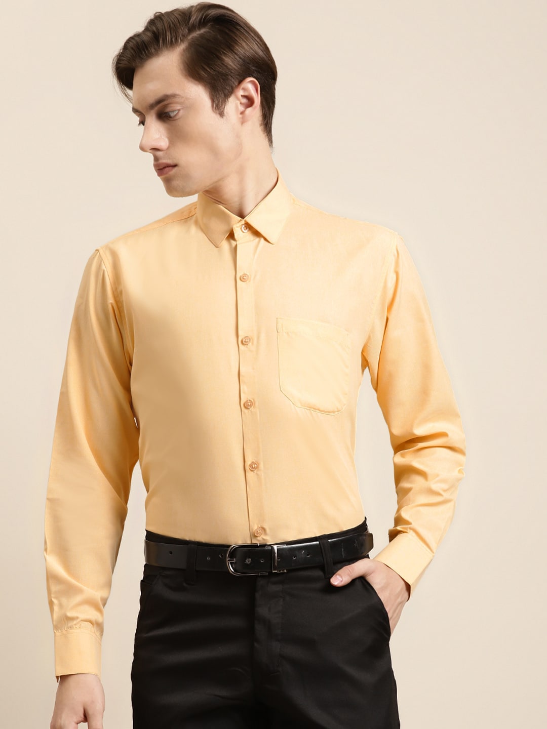 SOJANYA Men Yellow Pure Cotton Classic Regular Fit Solid Formal Shirt