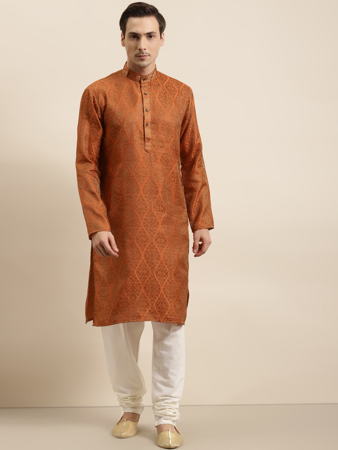 SOJANYA Men Orange & Golden Ethnic Motifs Woven Design Kurta with Churidar
