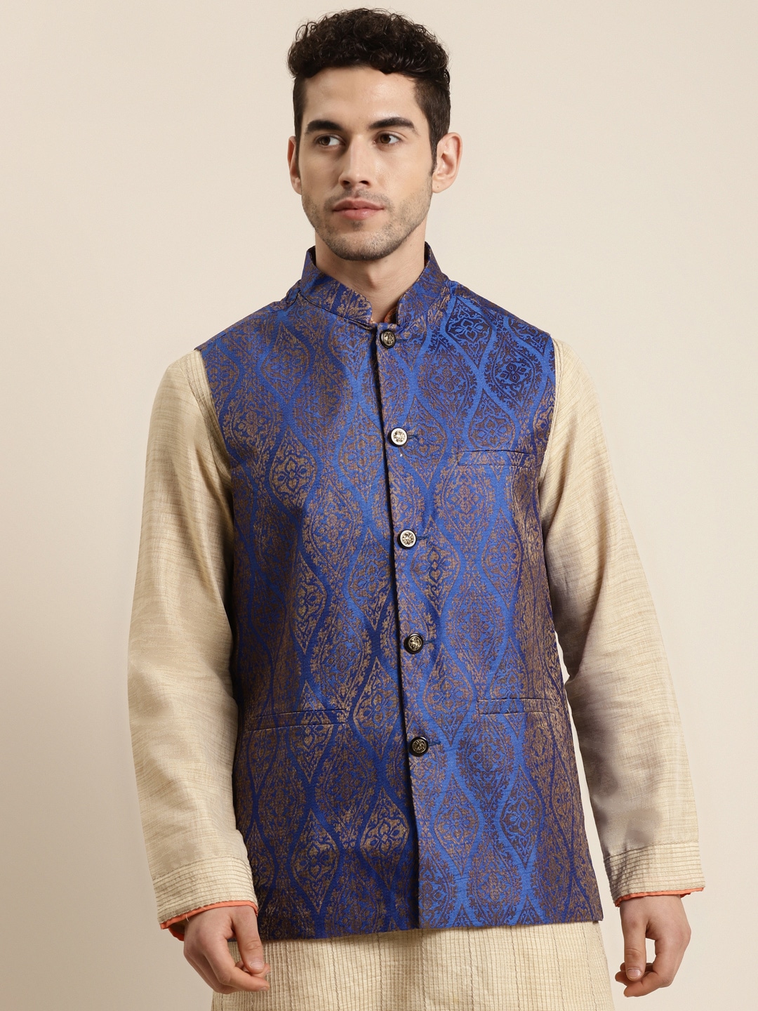Sojanya Men Blue & Gold Woven Design Nehru Jacket