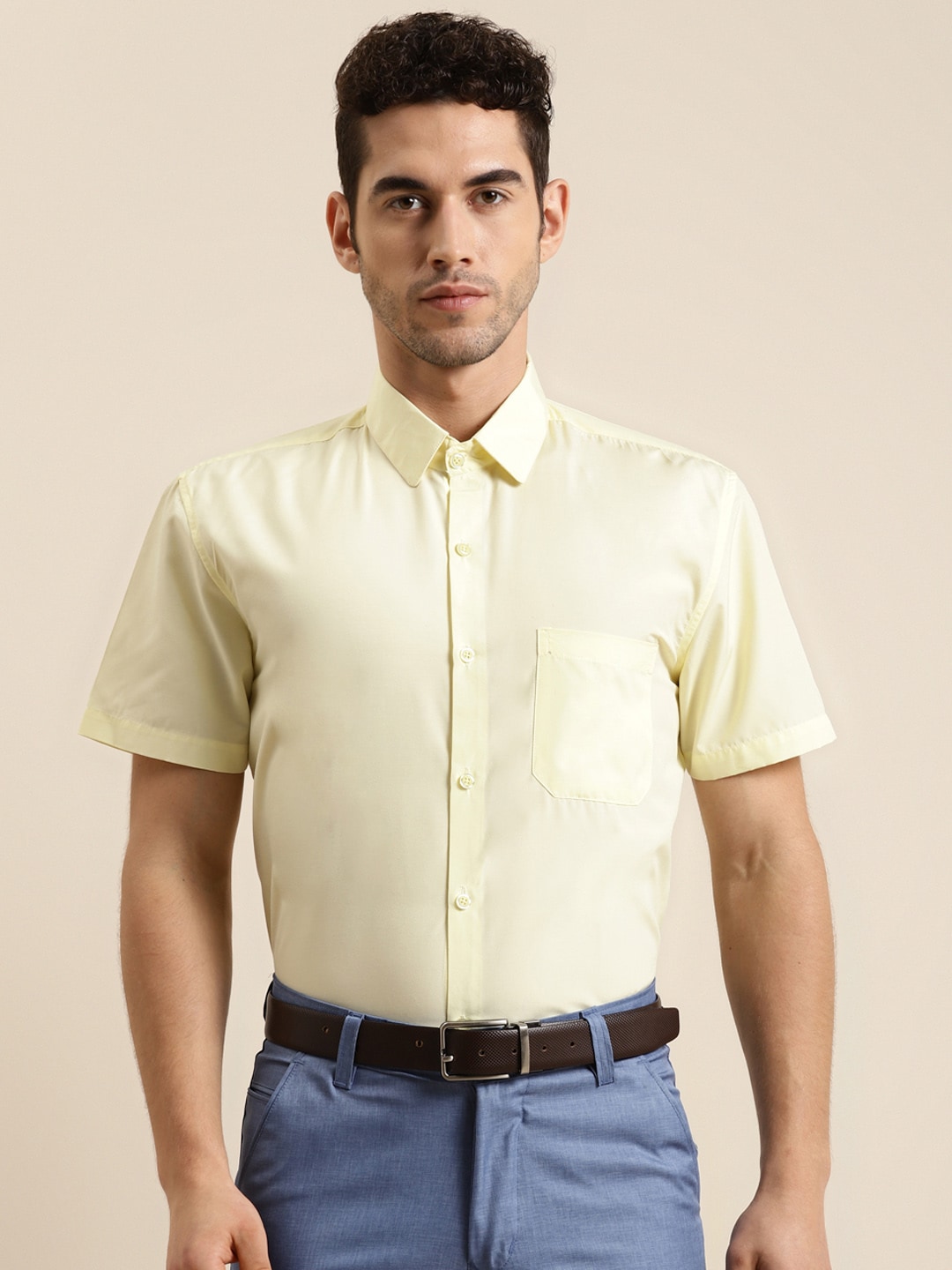 SOJANYA Men Yellow Classic Regular Fit Solid Pure Cotton Formal Shirt