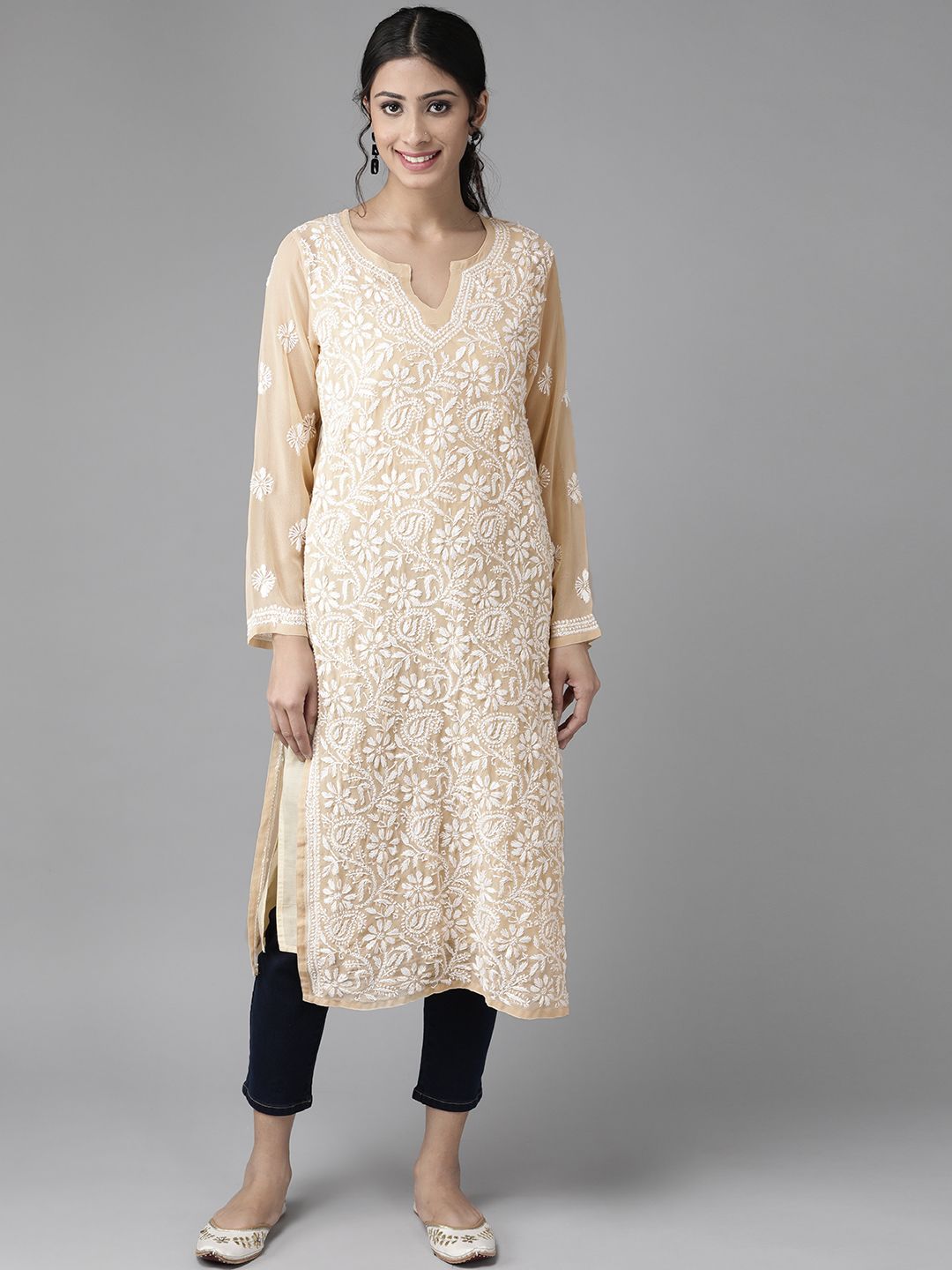ADA Women Beige Ethnic Motifs Sustainable Hand Embroidered Chikankari Handloom Kurta with Inner-picture-22