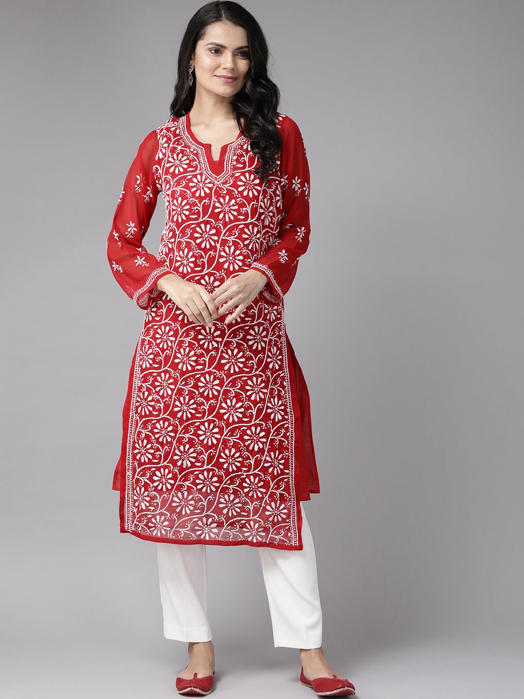 ADA Women Red Ethnic Motifs Hand Embroidered Chikankari Sustainable Handloom Kurta with Inner Slip-picture-23