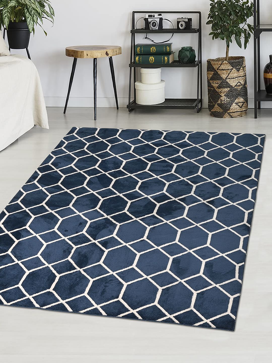 Saral Home Blue & White Geometric Microfiber Anti-Skid Carpet-picture-52