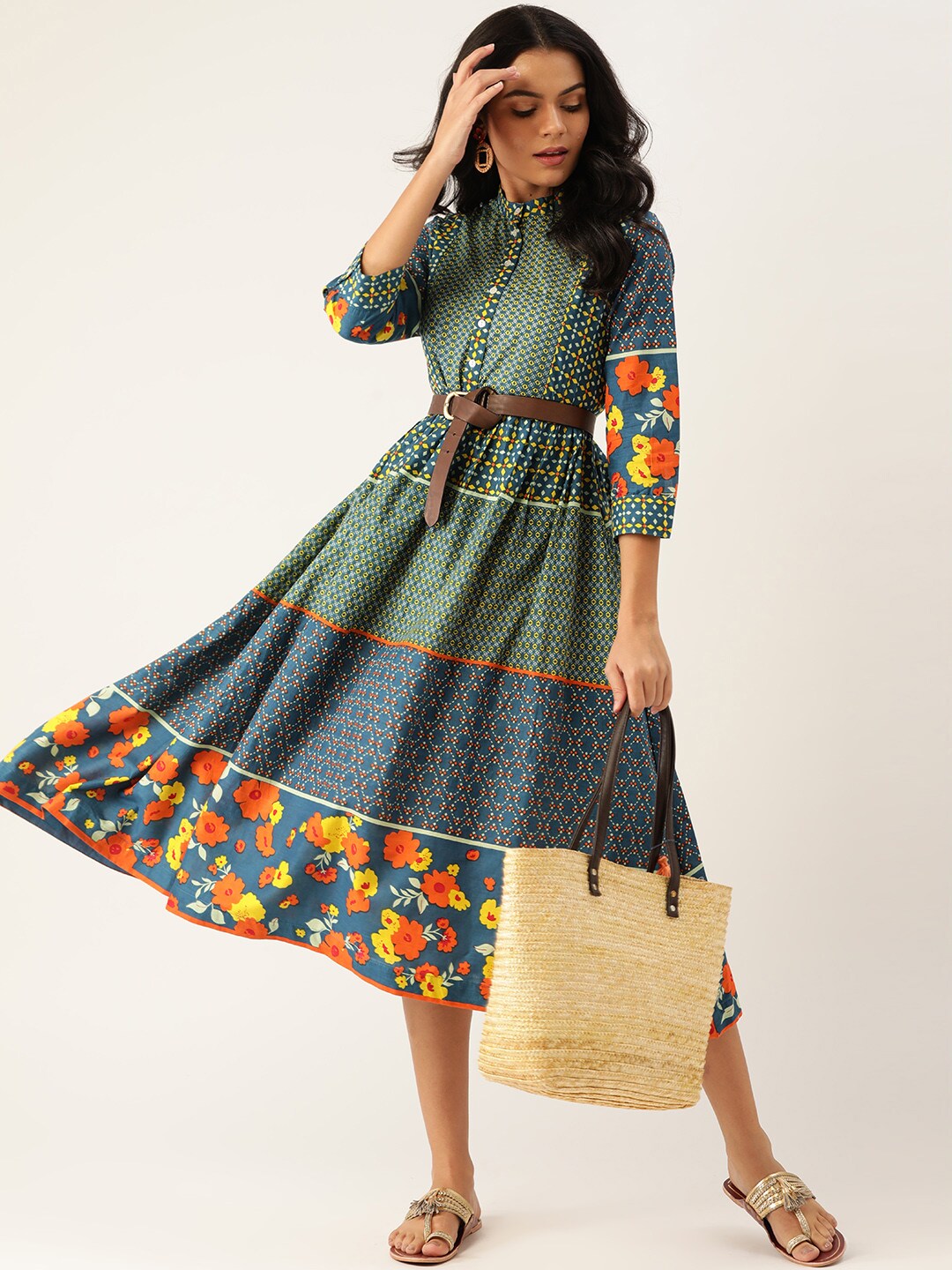 Sangria Women Teal Green & Yellow Geometric Print Pure Cotton Midi A-Line Dress