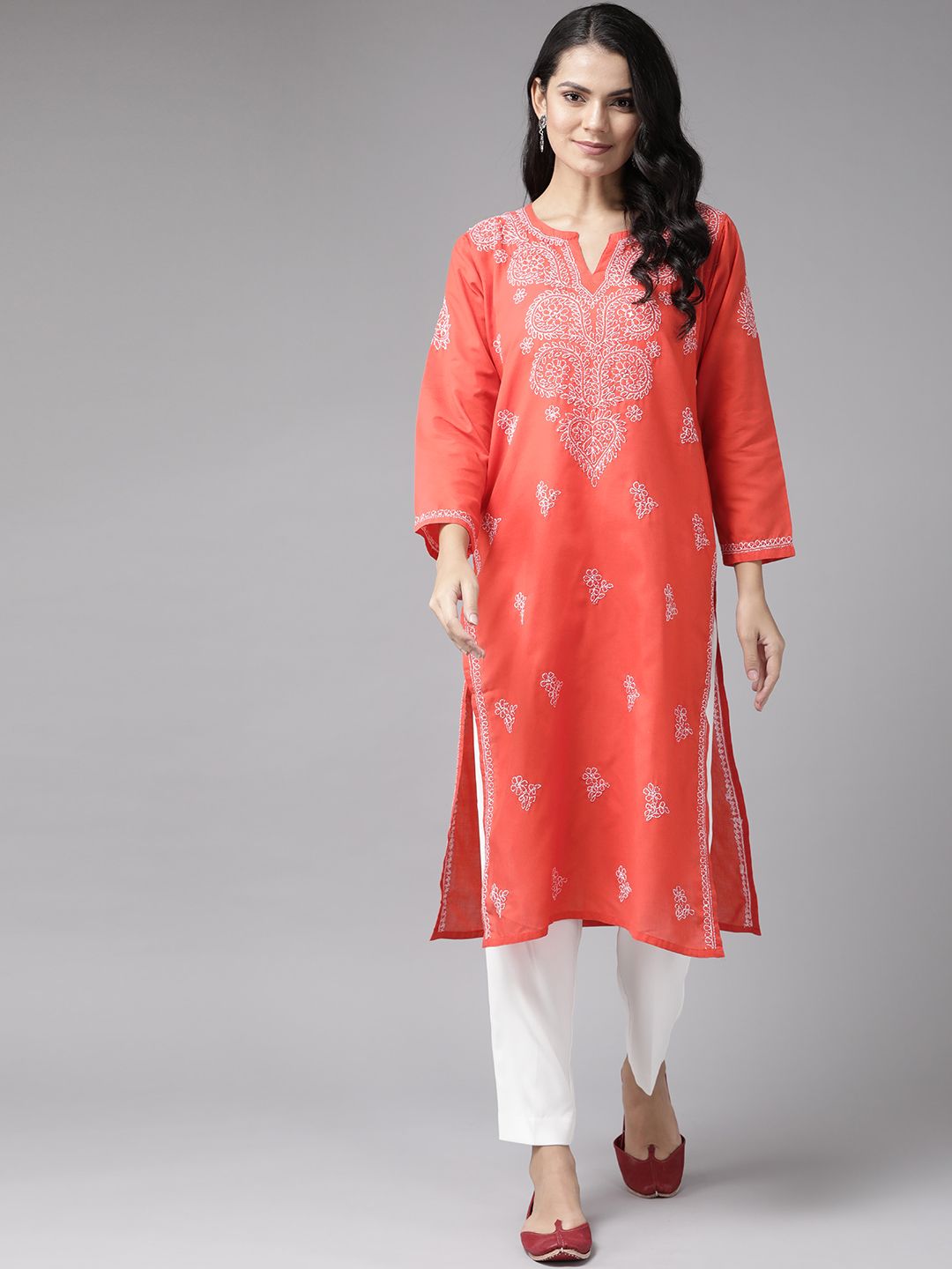 ADA Women Coral Red & White Sustainable Cotton Hand Embroidered Chikankari Handloom Kurta-picture-36