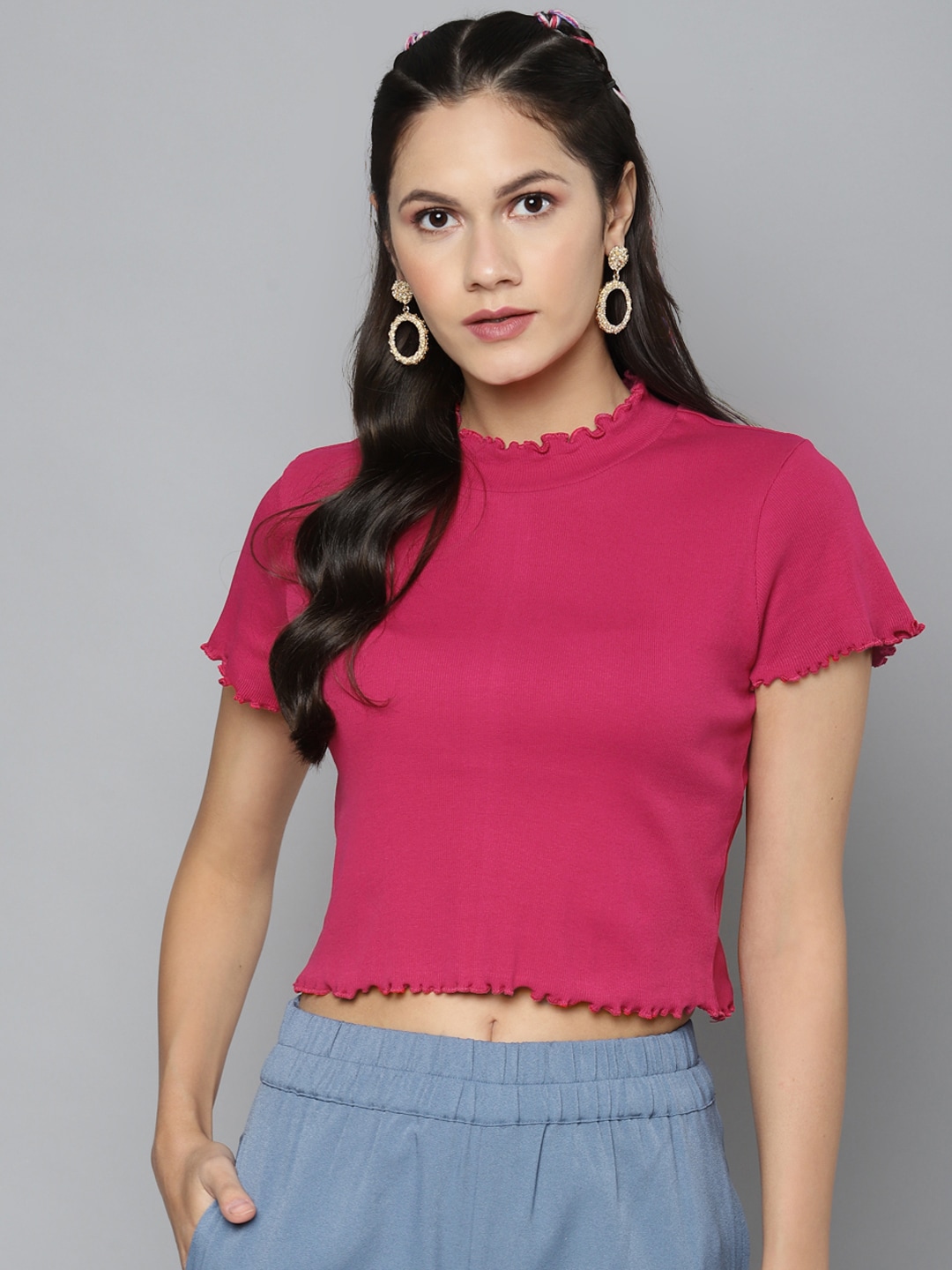 Sassafras Fuchsia Pink Ribbed High Neck Fitted Crop Top
