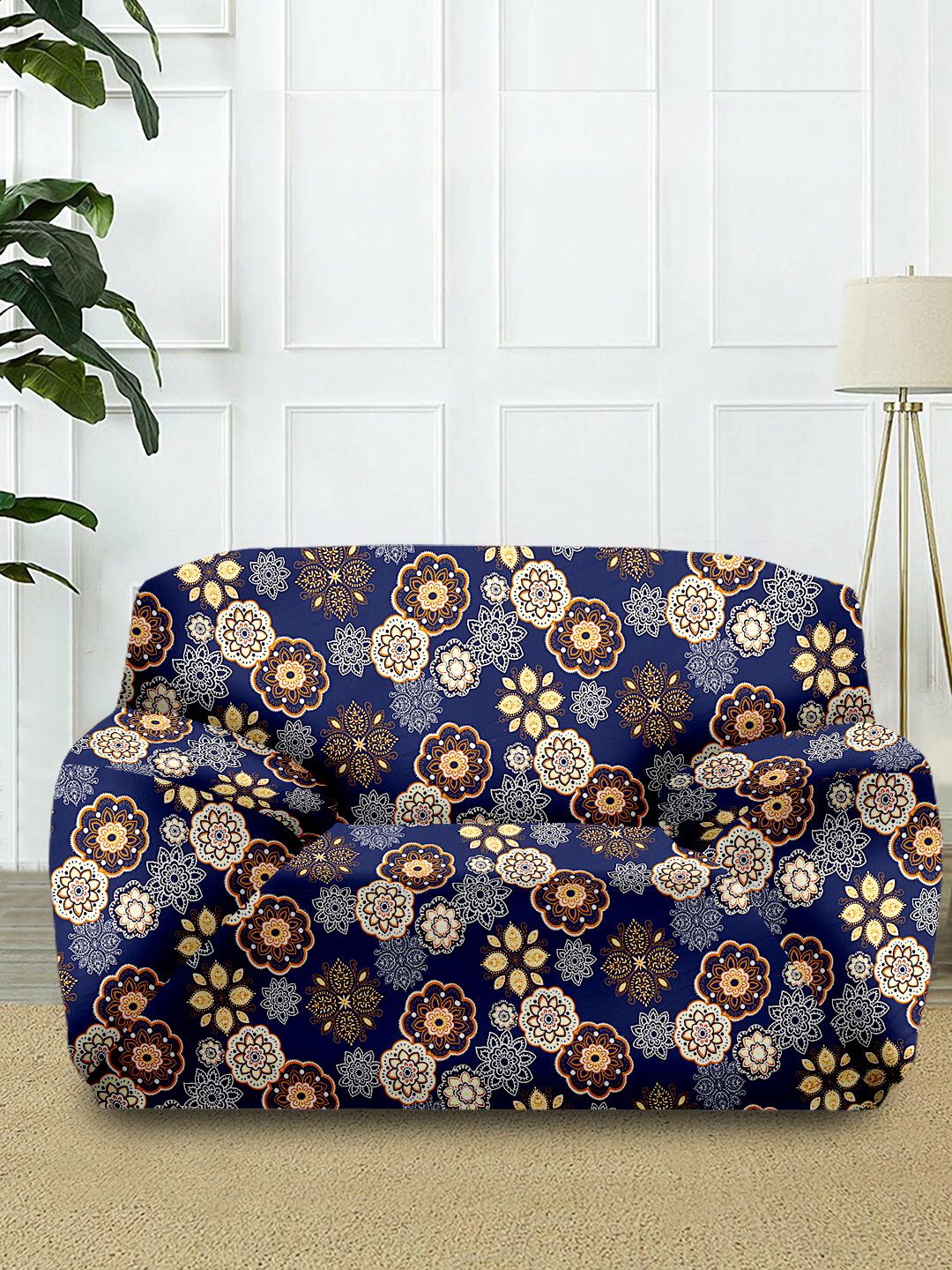 Cortina Blue & White Printed 1-Seater Super-Stretchable Non-Slip Sofa Slipcover-image-41