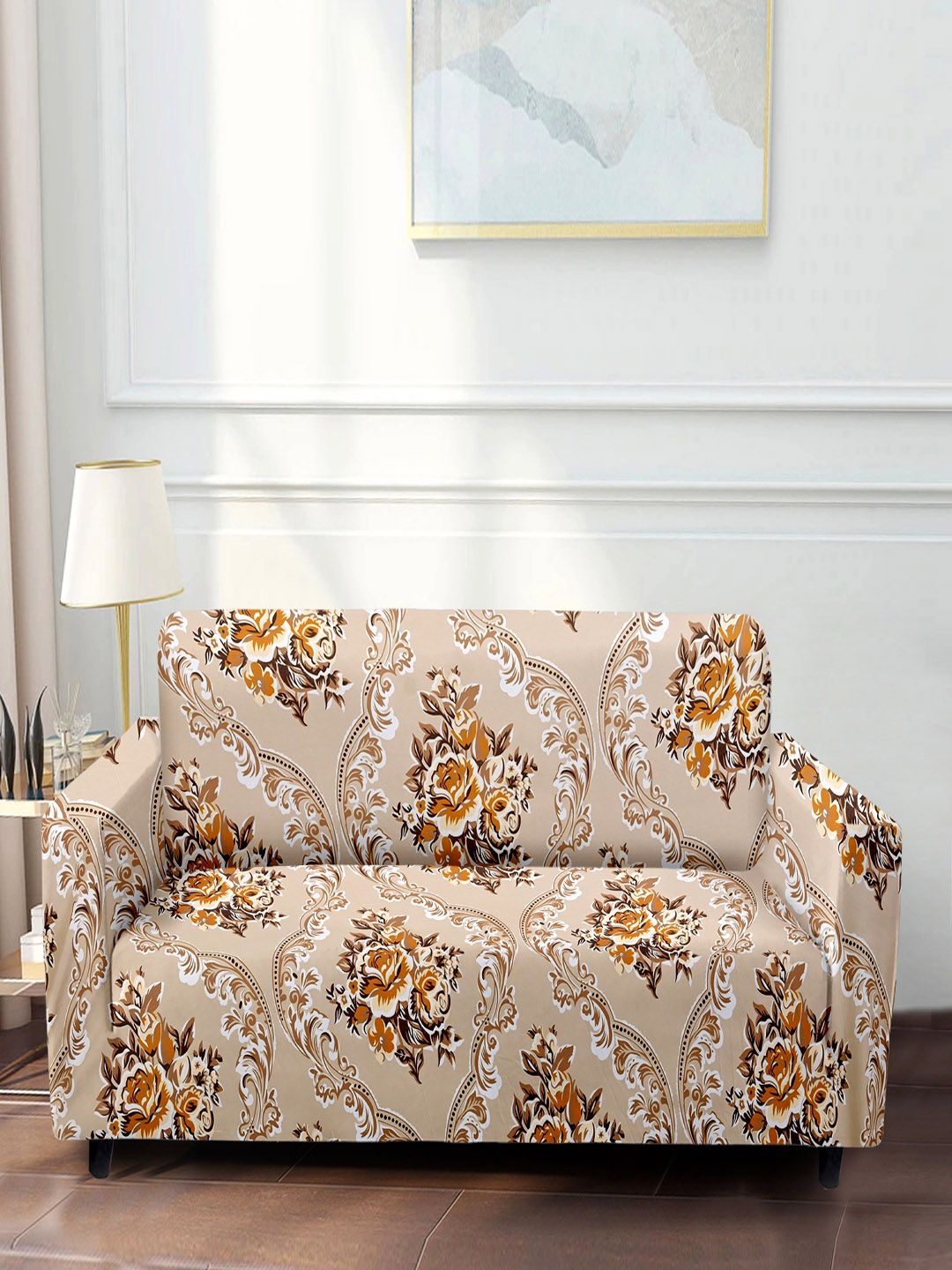 Cortina Beige & Brown Floral Printed 2-Seater Super-Stretchable Non-Slip Sofa Slipcover-picture-32