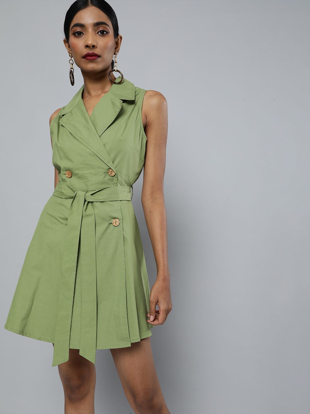 SASSAFRAS Women Olive Green Solid Blazer Dress
