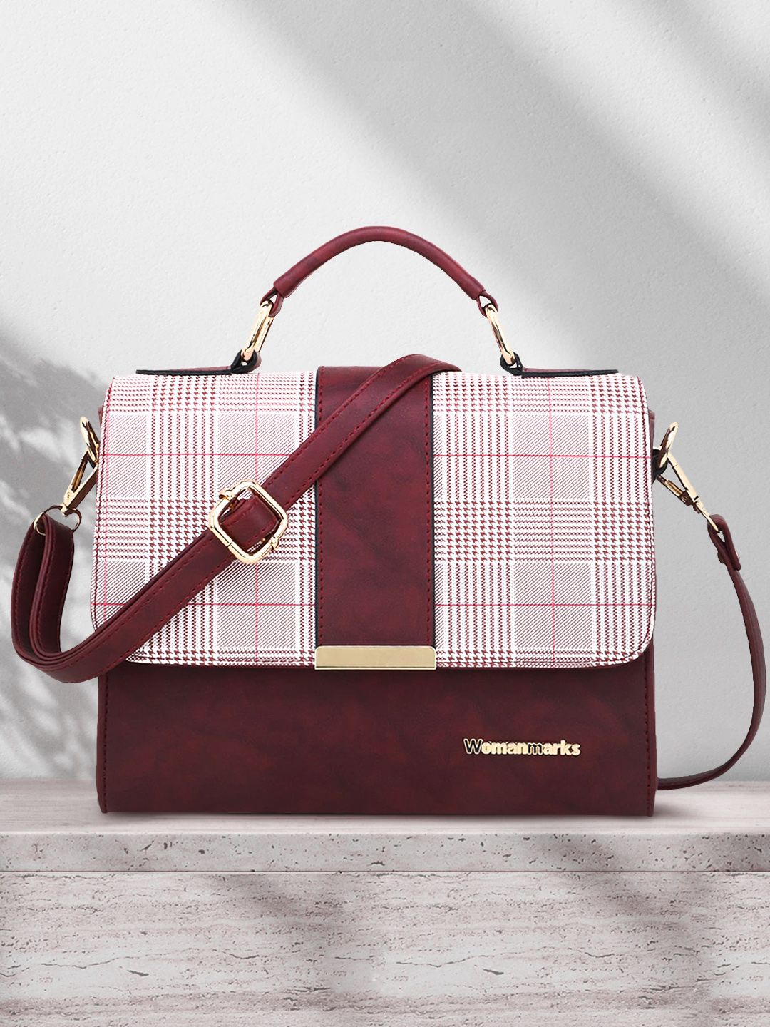 WOMEN MARKS Maroon & Off-White Checked Handheld Bag-picture-33