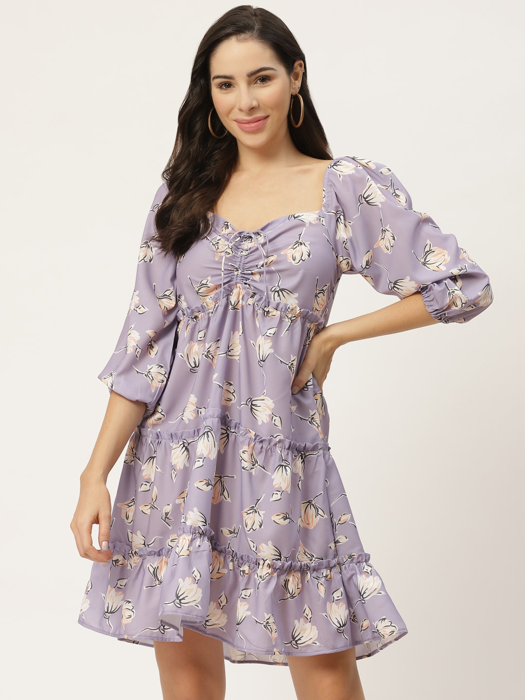 MELOSO Women Lavender & White Printed A-Line Dress