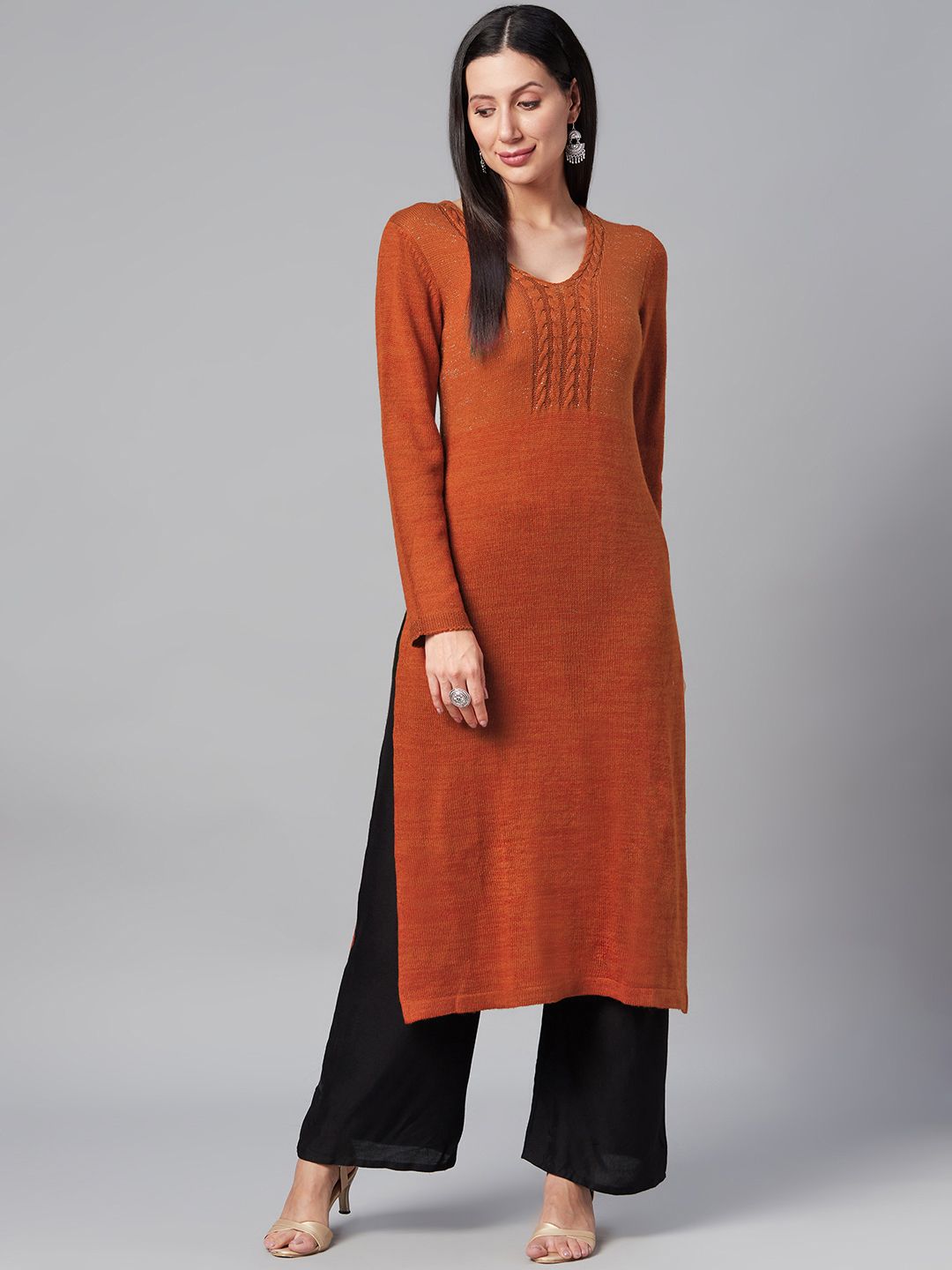 Biba Women Rust Orange Yoke Design Winter Kurta-picture-13