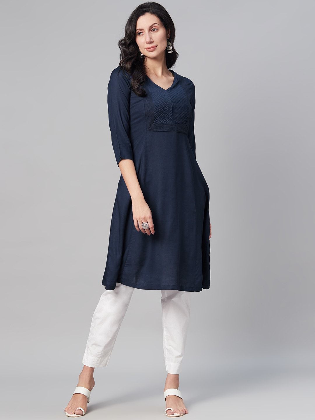 Biba Women Navy Blue Yoke Design Thread Work Indigo Kurta-picture-37