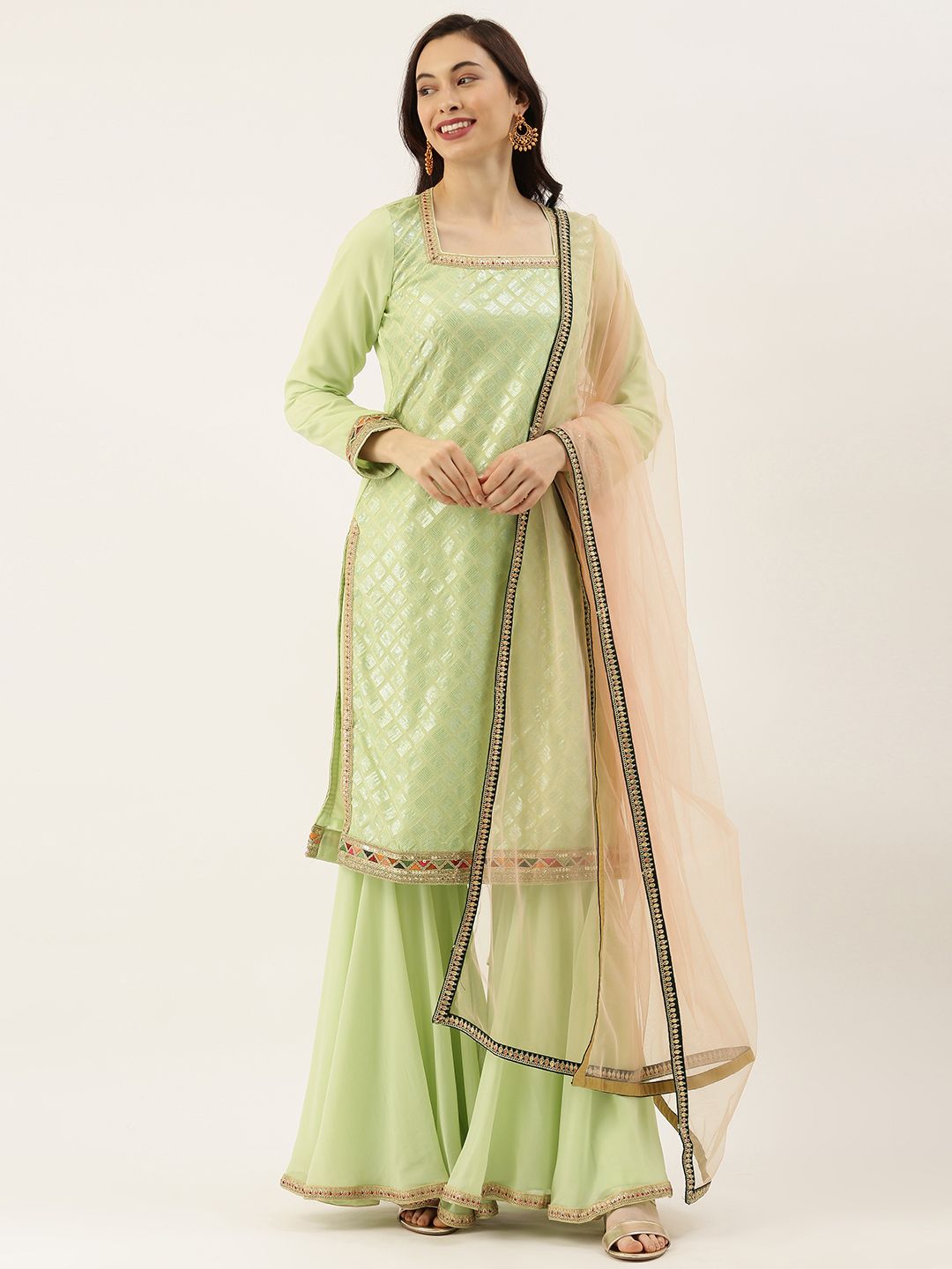 Ethnovog Women Green Embroidered Made to Measure Kurta with Sharara Dupatta-picture-35