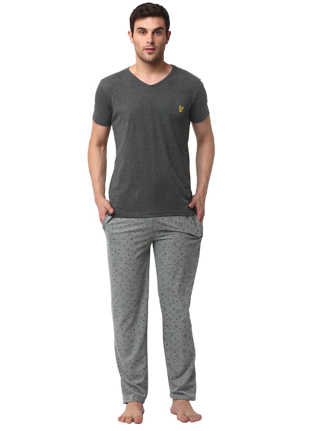 mack jonney VIMAL JONNEY Men Charcoal Grey & Black Solid Night Suit-picture-32