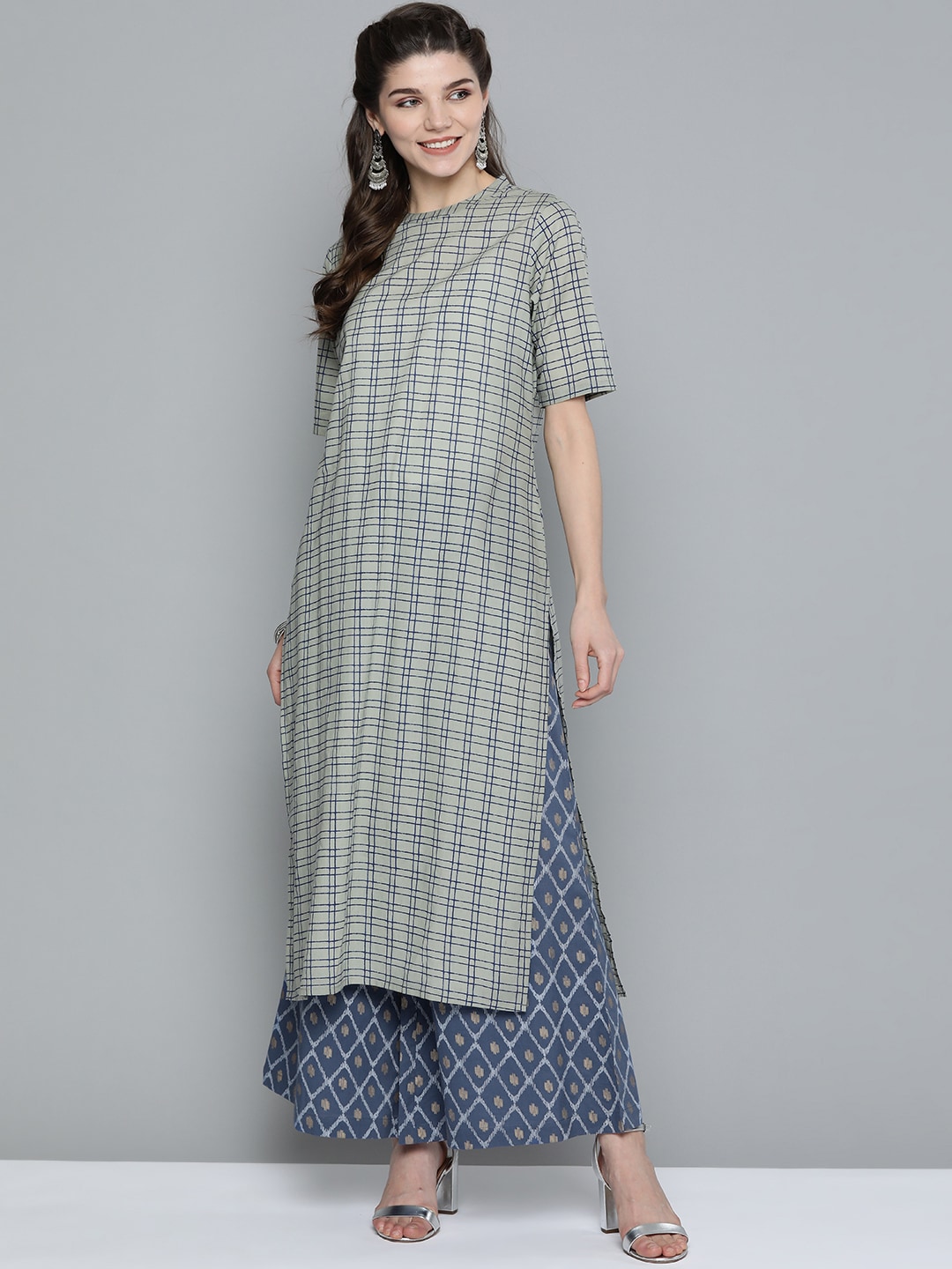 HERE&NOW Women Grey & Blue Checked Pure Cotton Kurta with Palazzos