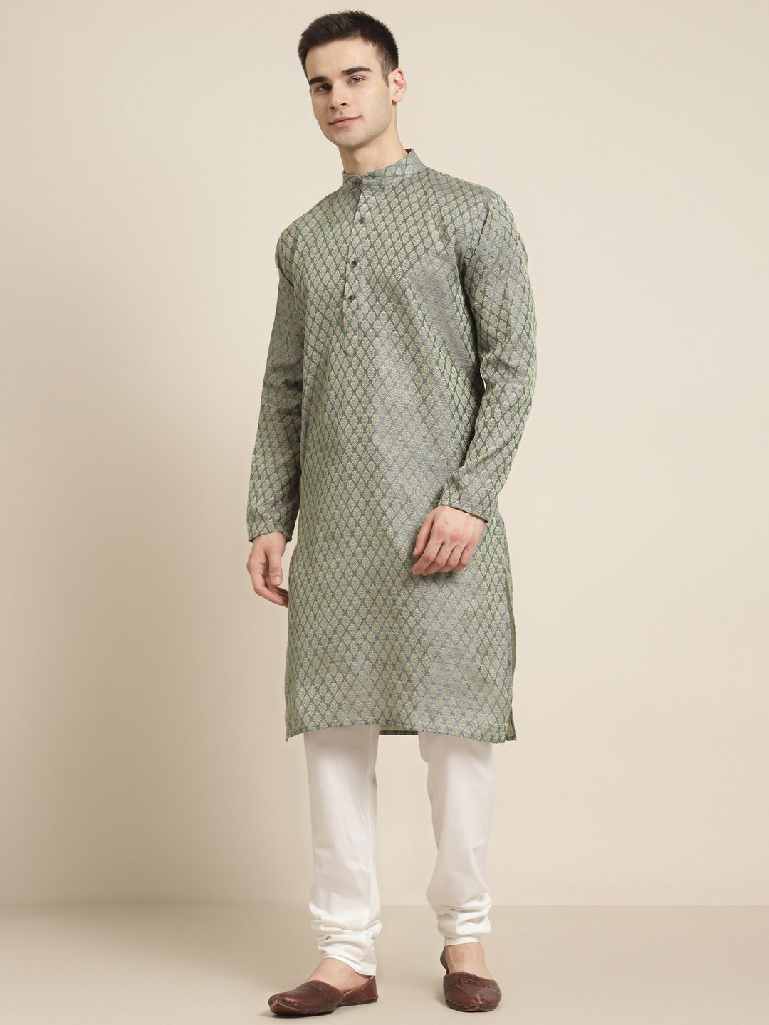 SOJANYA Men Teal Green & Beige Ethnic Motifs Jacquard Silk Kurta