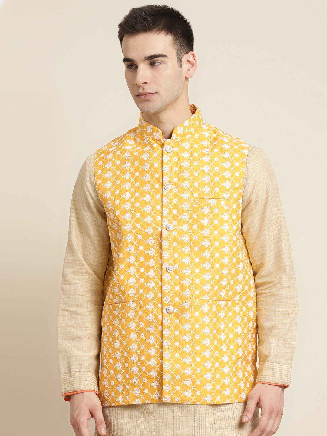 Sojanya Men Yellow & White Embroidered Nehru Jacket