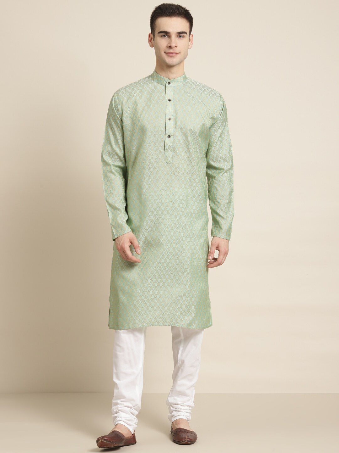SOJANYA Men Green & Off-White Woven Design Kurta with Churidar