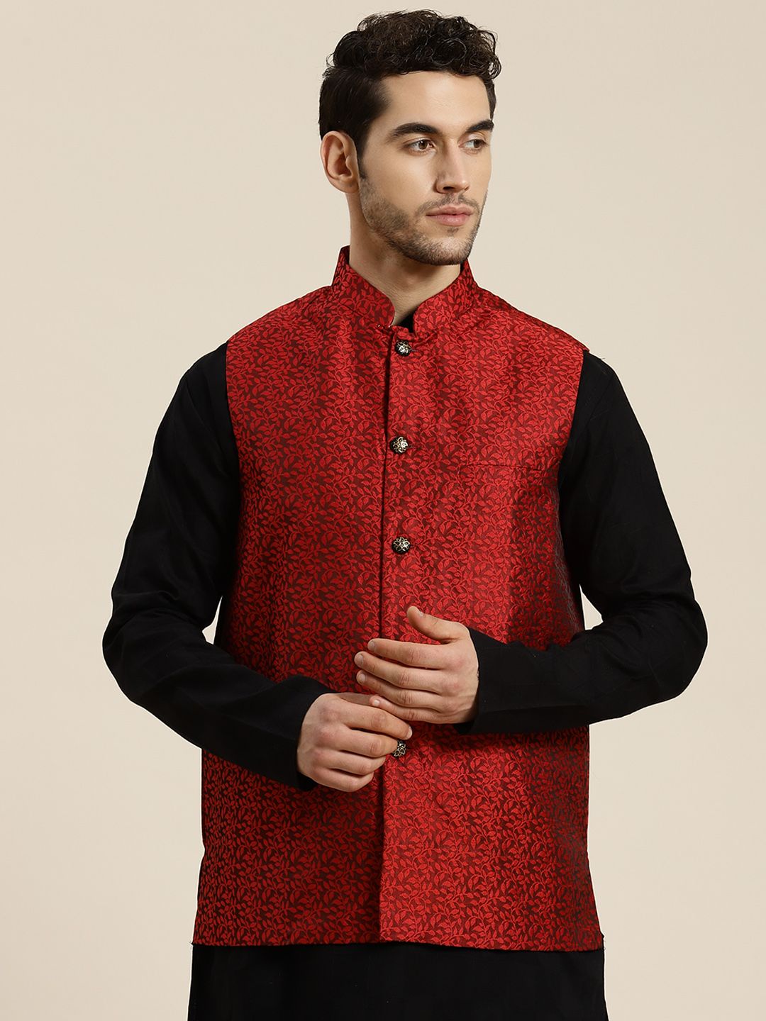 SOJANYA Men Maroon Self Design Jacquard Nehru Jacket-picture-14