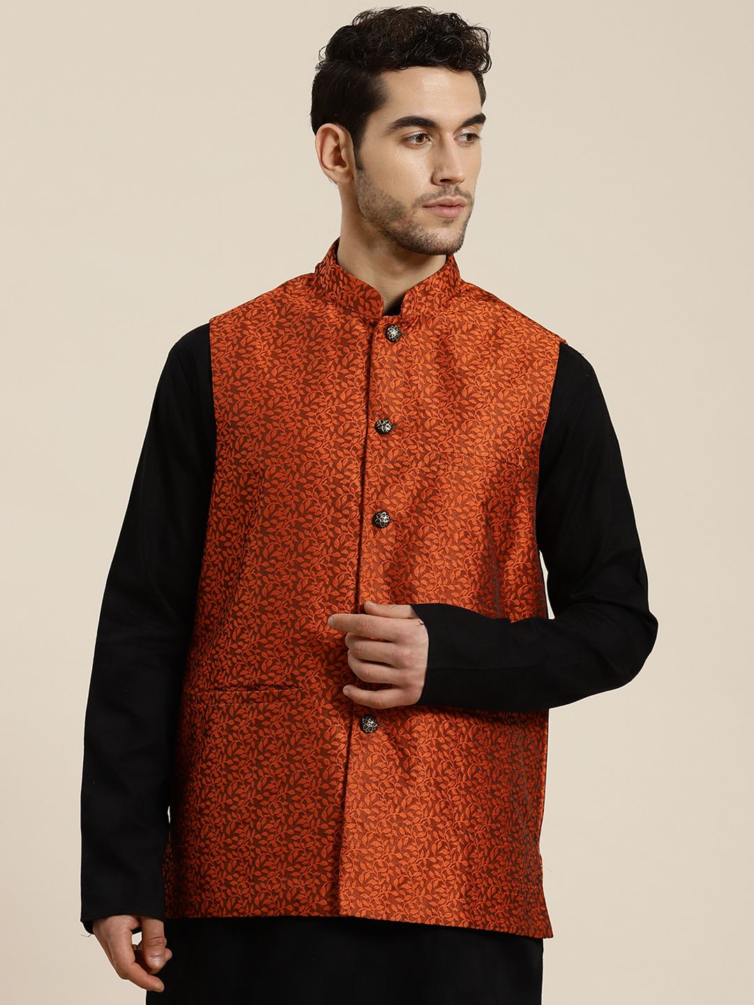 SOJANYA Men Rust Orange Self Design Jacquard Nehru Jacket-picture-9