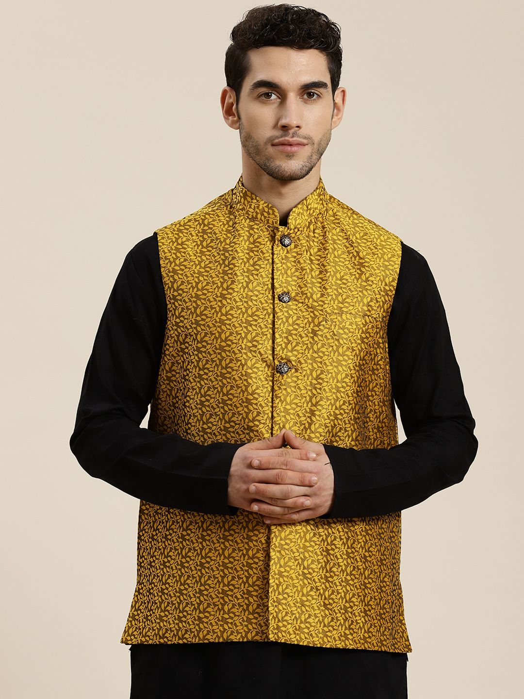 SOJANYA Men Mustard Yellow & Taupe Self Design Jacquard Nehru Jacket-picture-8