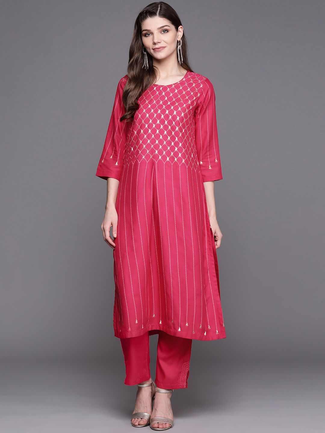 Biba Women Fuchsia Printed Kurta with Trousers